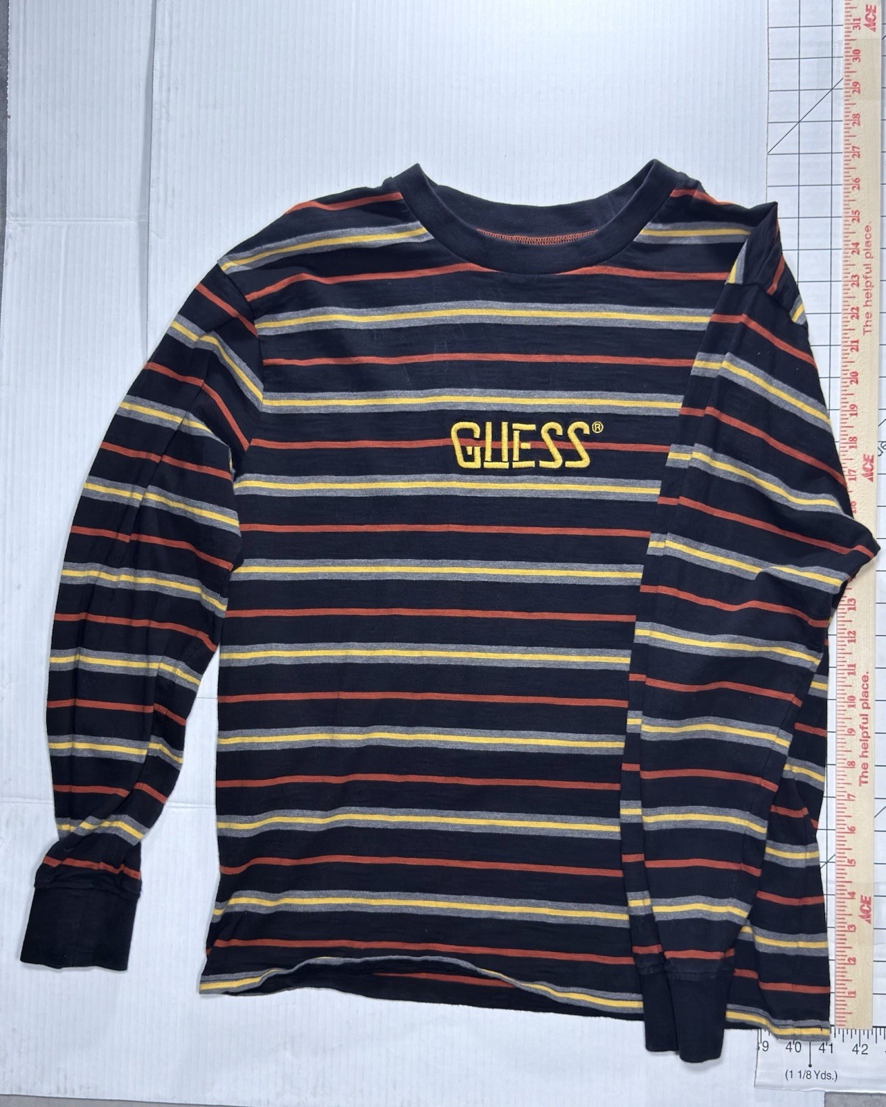 Guess Originals Black W. Yellow & Orange Striped Long Sleeve T-Shirt Mens VTG