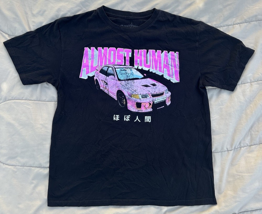 Almost Human JDM Drift Car Graphic T Shirt Mens Large Black Anime Style Tee