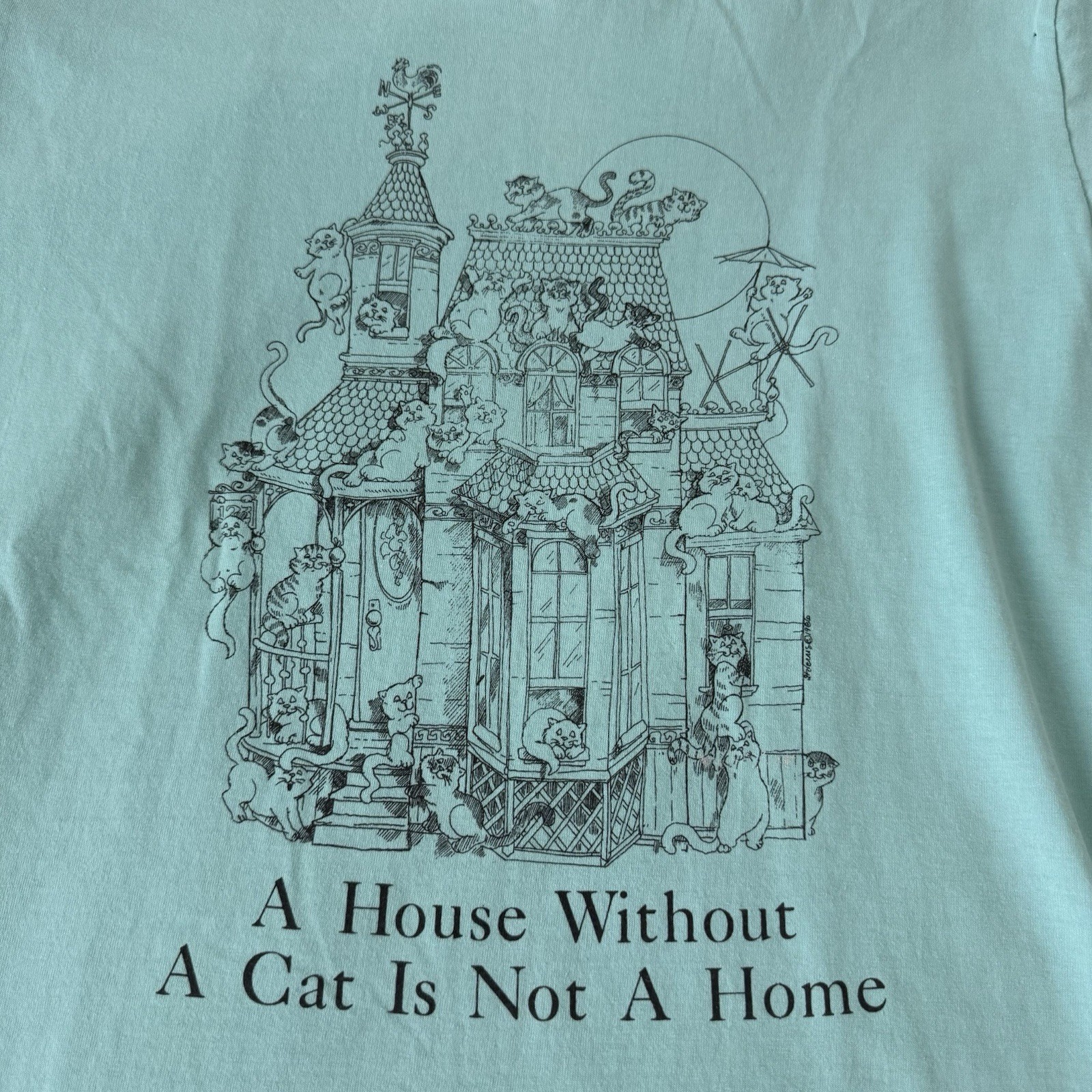 Vintage 80s 1986 Cat Lover T Shirt Blue House Without Cats Not A Home Size XL gallery