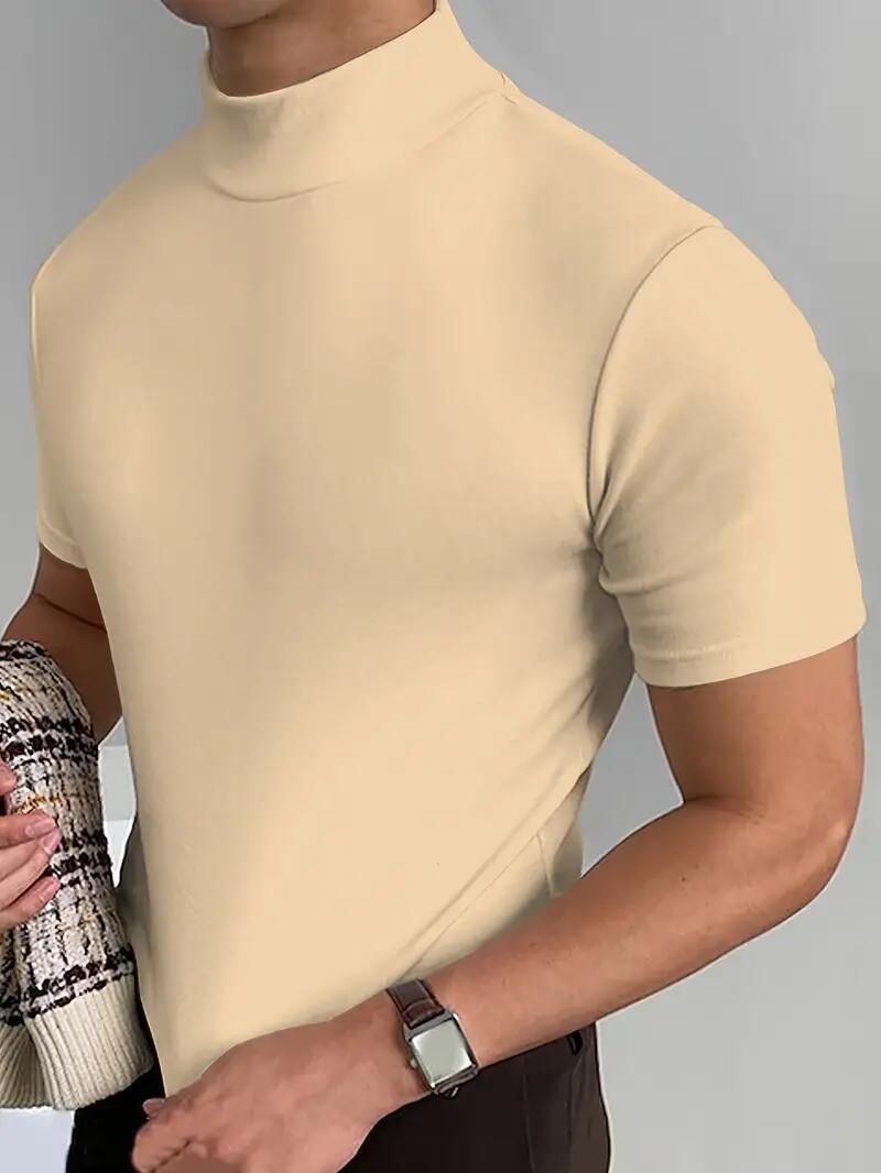 Fashion Men High Neck Short Sleeve T-Shirt Sophisticated Soft Fabric Beige New gallery