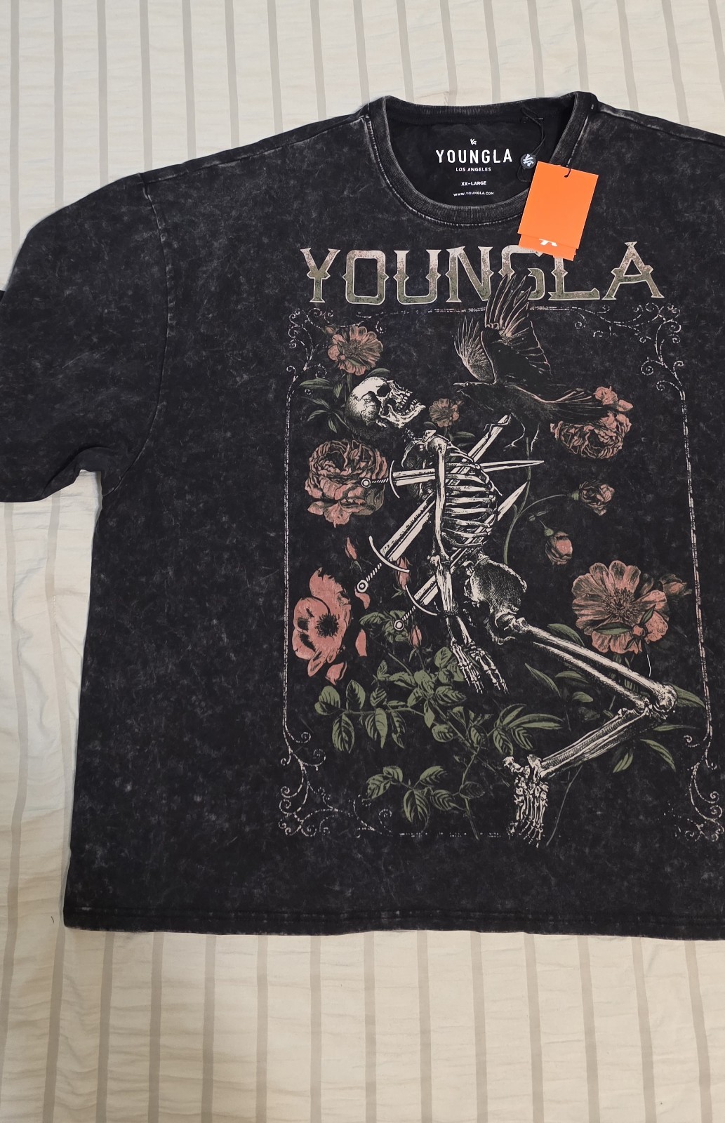 YoungLA 4116 Floral Skull Tee Men's Medium Black Mineral Wash Skeleton Crow NWT gallery