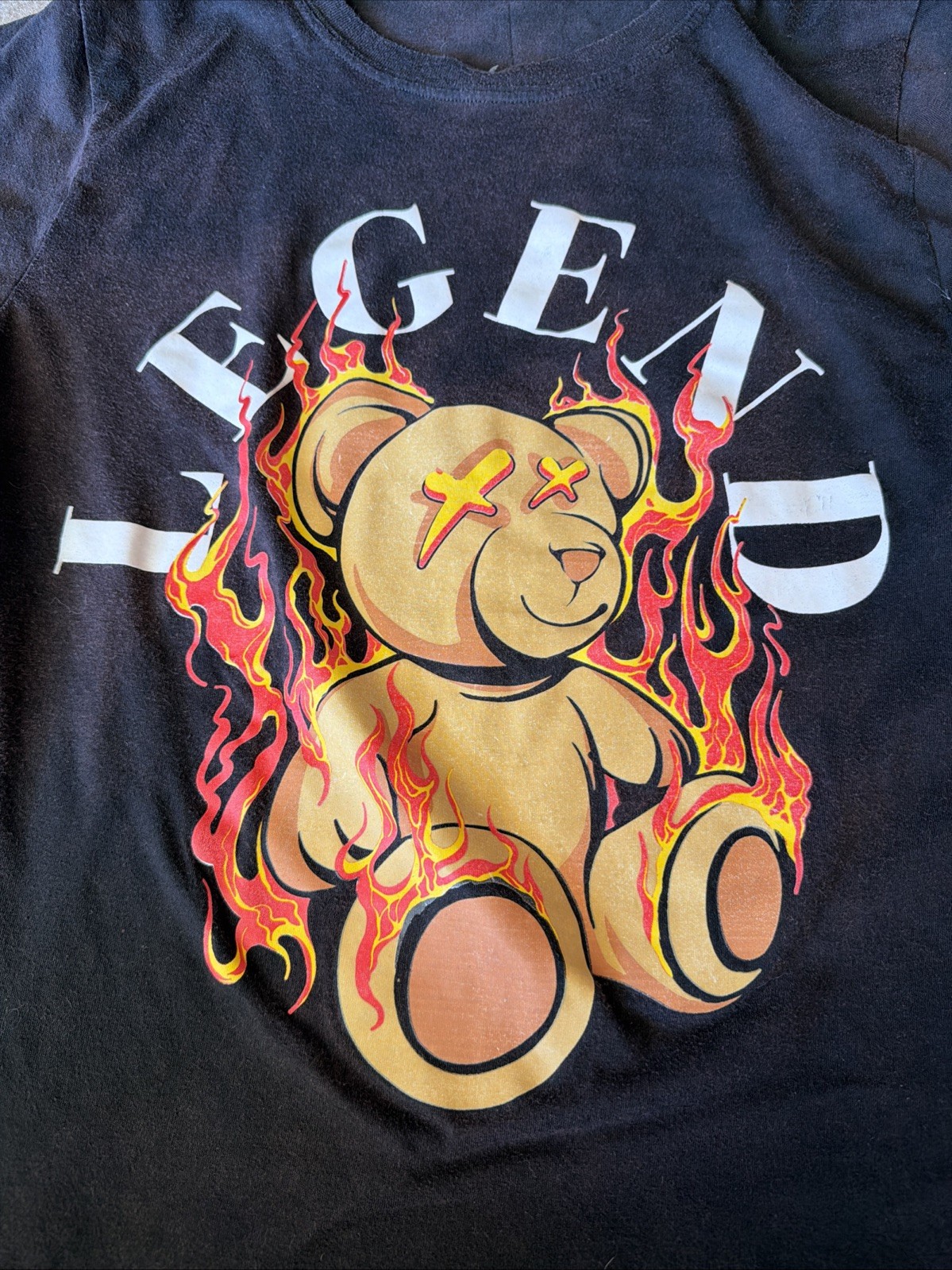 Legend Flaming Teddy Bear Graphic T-Shirt Dark Streetwear Size Small gallery
