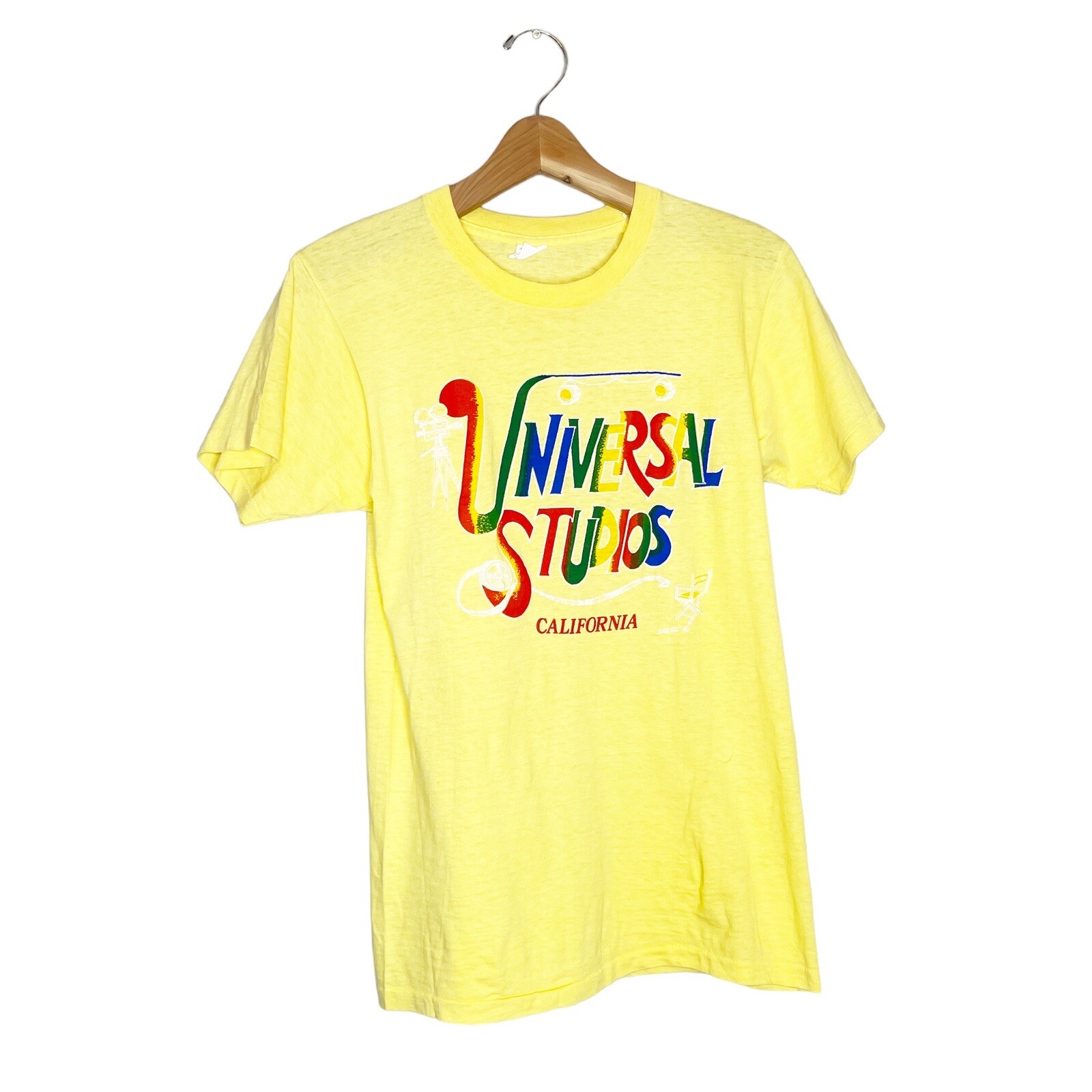 Vintage 70s 80s Universal Studios California T-Shirt Size Medium Yellow Rainbow gallery