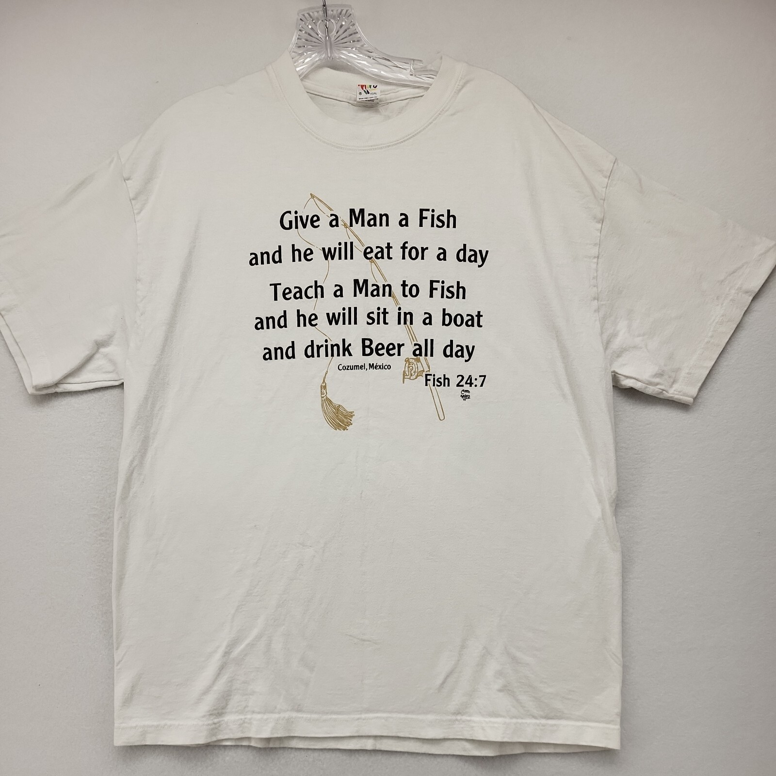 MIRO MEN'S SHIRT WHITE SIZE X-LARGE XL COTTON COZUMEL MEXICO GIVE A MAN A FISH.. gallery