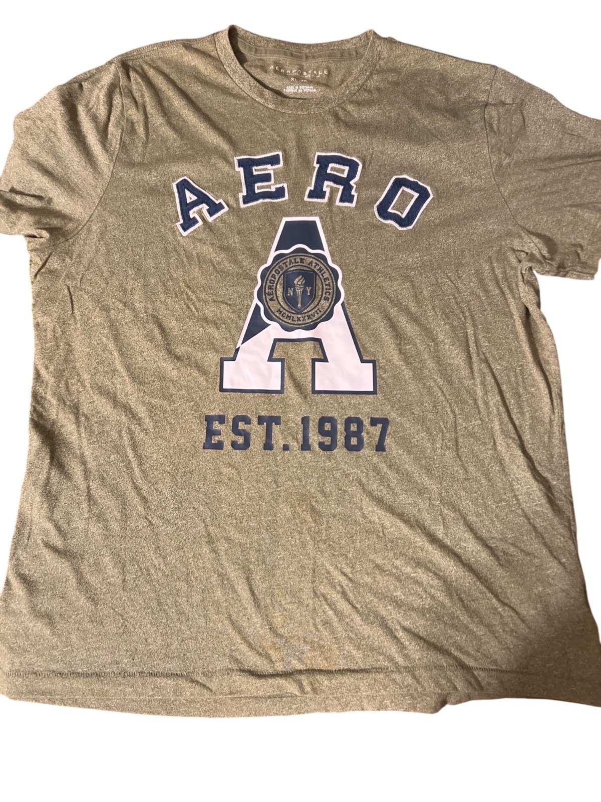 Aeropostale A Front Graphic T Shirt Heather Olive Green Blue Sewn Letters Sz XL gallery