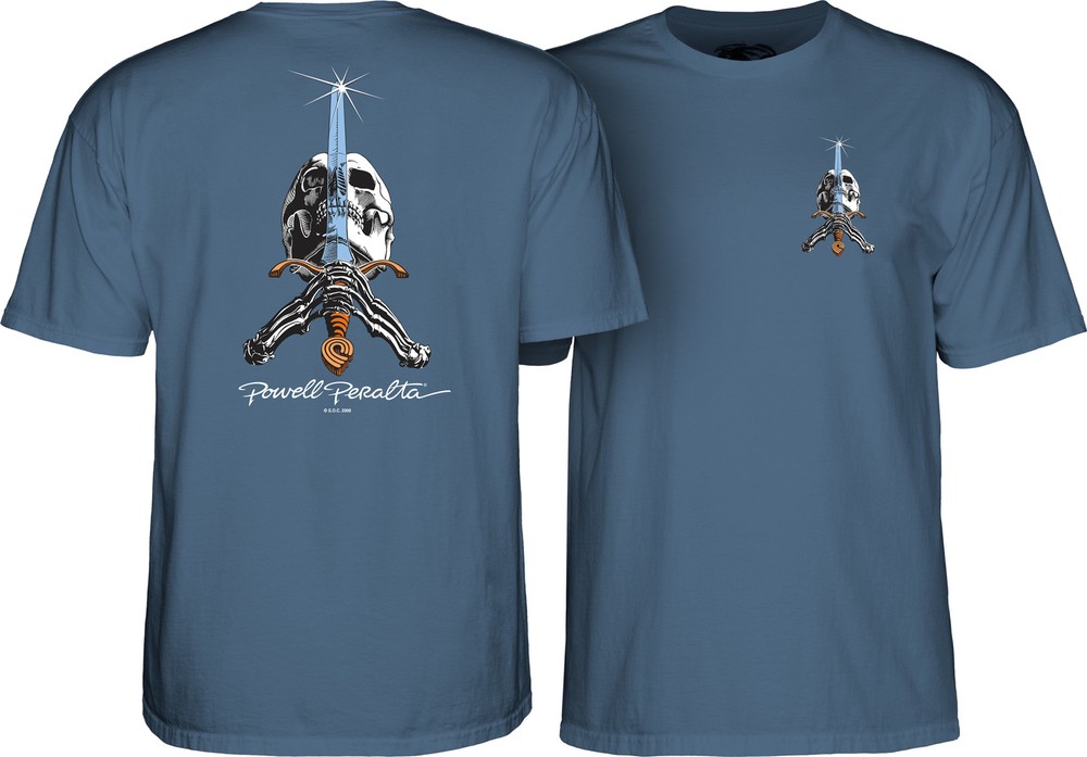 Powell Peralta SKULL AND SWORD Skateboard T Shirt INDIGO BLUE