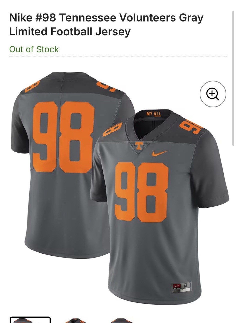 Men’s Size Small Limited Edition Smokey Gray My All TN Vols Nike Football Jersey gallery