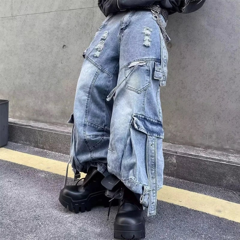 new 2025 Cyber Y2K Streetwear Washed Blue Baggy Ripped Cargo Jeans Pants For gallery
