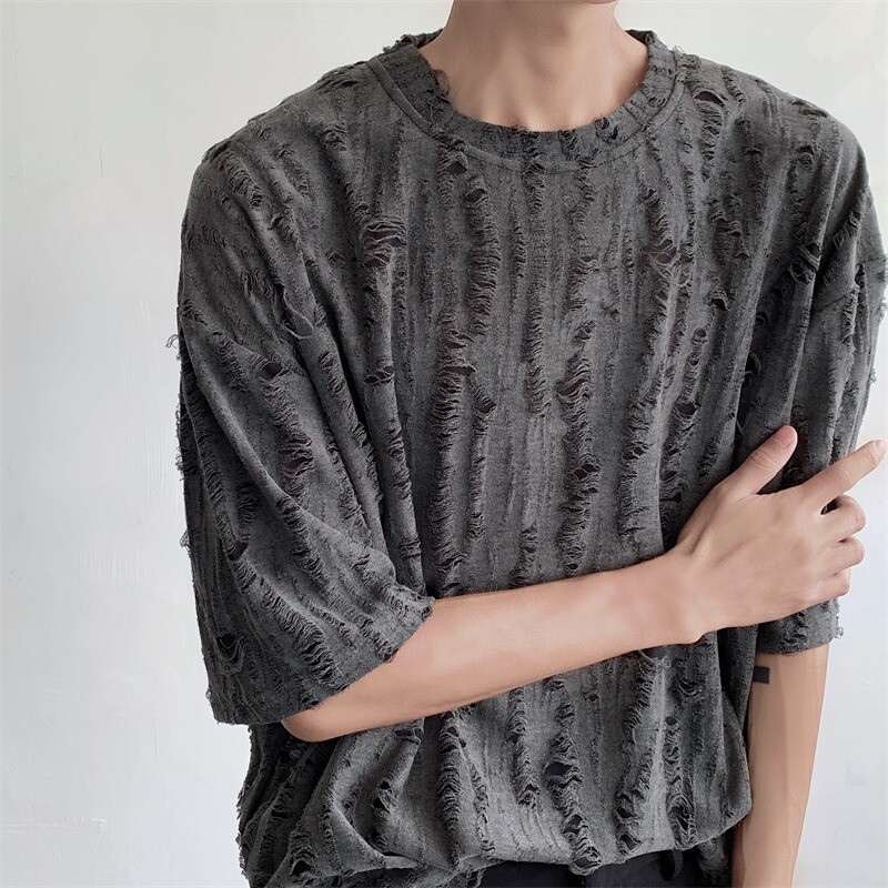 Men Retro Thin Short Sleeve Shirt Ripped Hollow Blouse American Style Tops Soft gallery