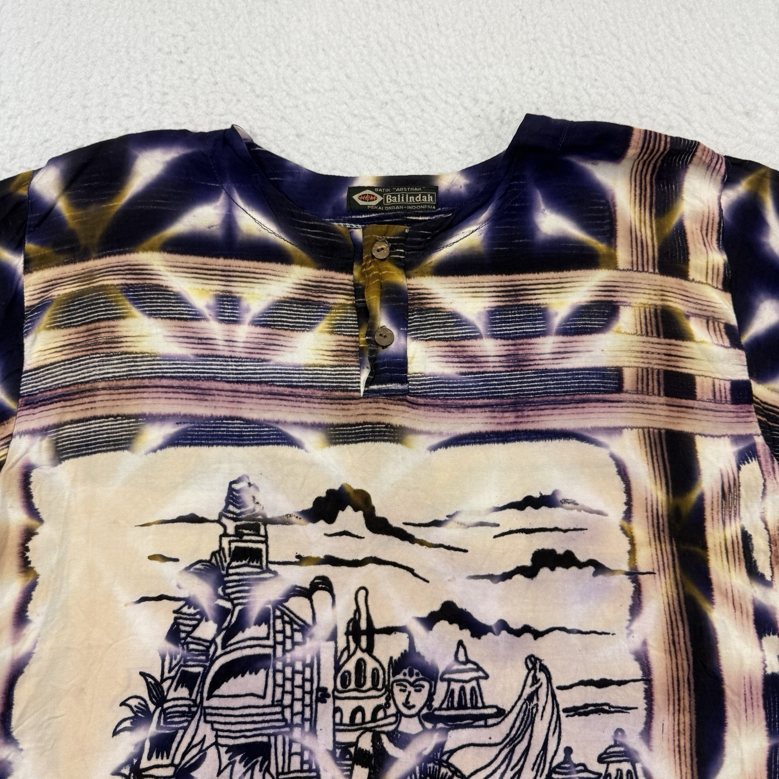 Legian Bali Shirt Mens Large L Purple Tie Dye Batik Abstract Henley Short Sleeve gallery