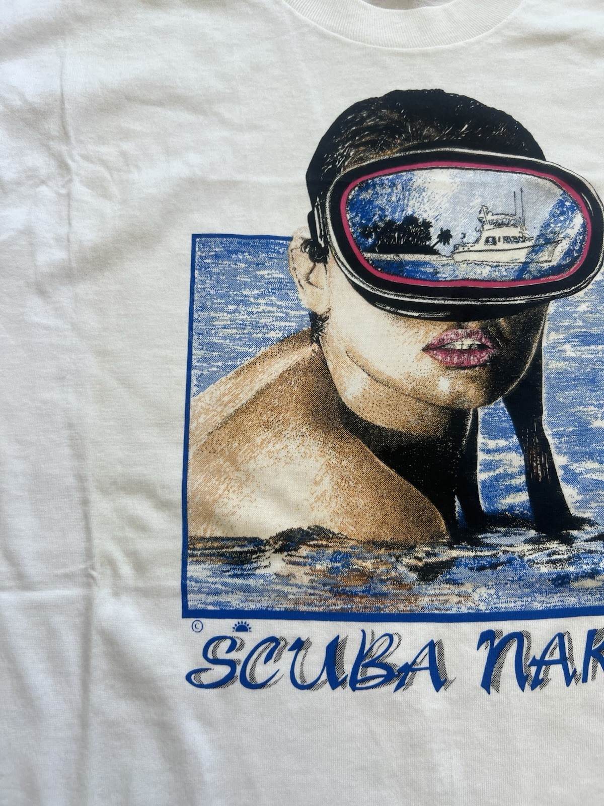 Vintage 90s Scuba Naked Diving Girl Boat Single Stitch Made In USA Tee Shirt XL gallery
