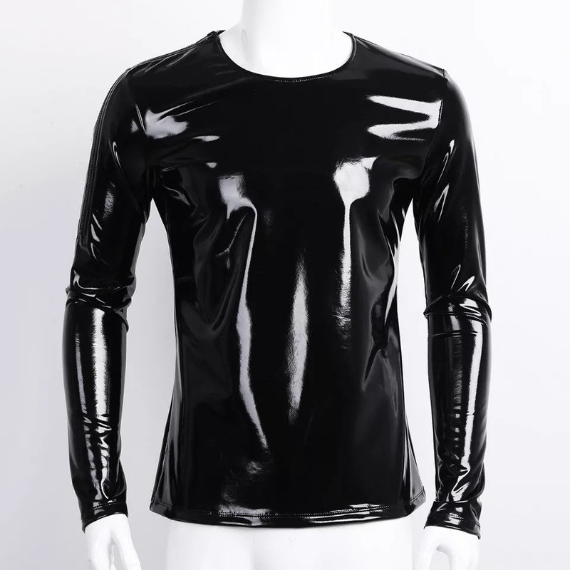 Men Faux Patent Leather Top Shirts Blouse Slim Pvc Shiny Wet Look T-Shirts gallery