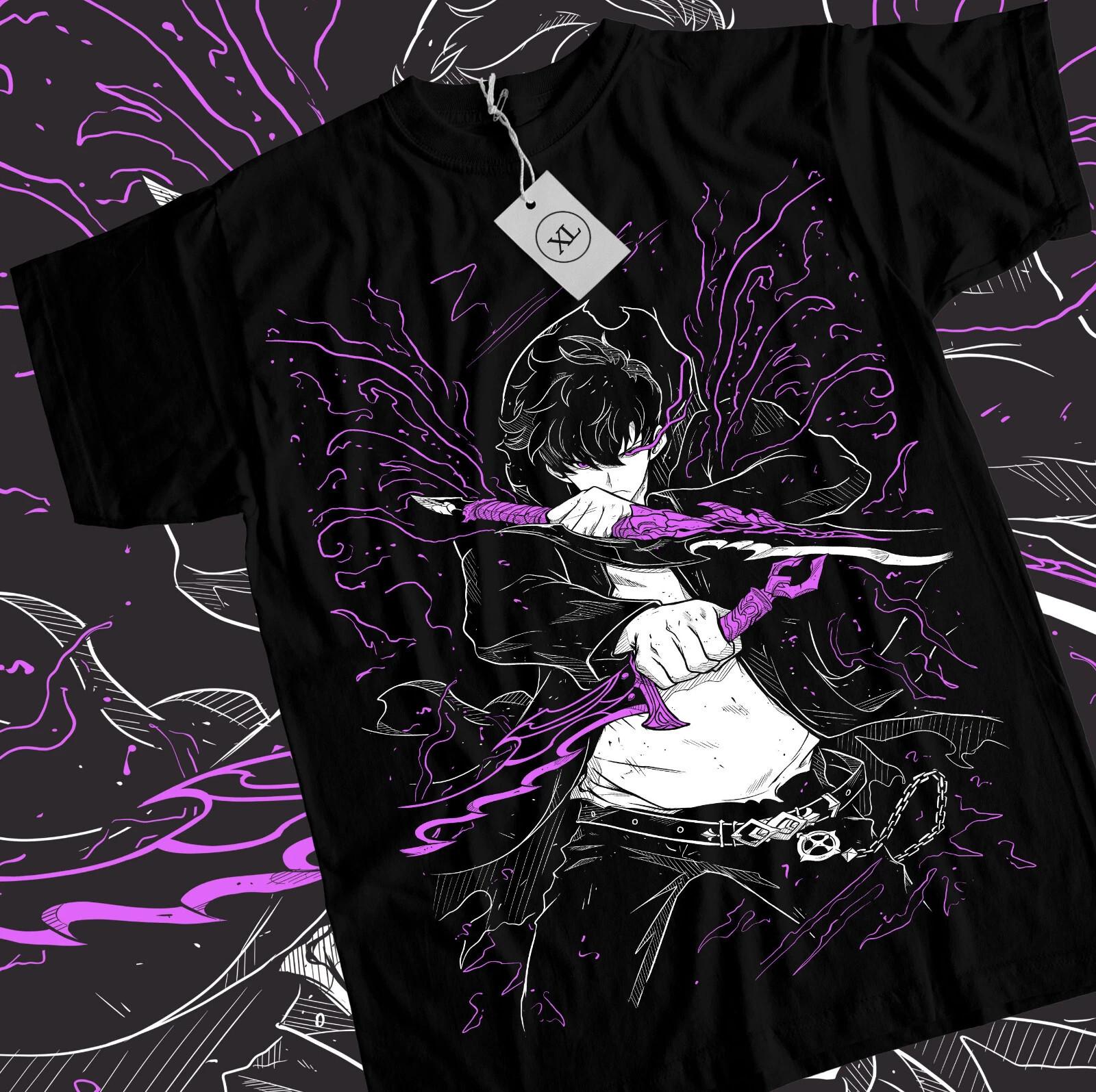 Anime Solo Leveling Sung Jinwoo Duo Knife Black T-Shirt