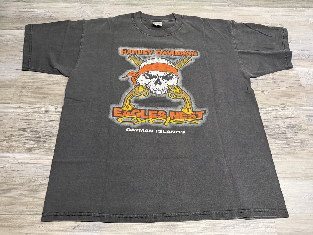 Vintage Harley Davidson Cayman Island Eagles Nest Cycles Black T shirt Size XL