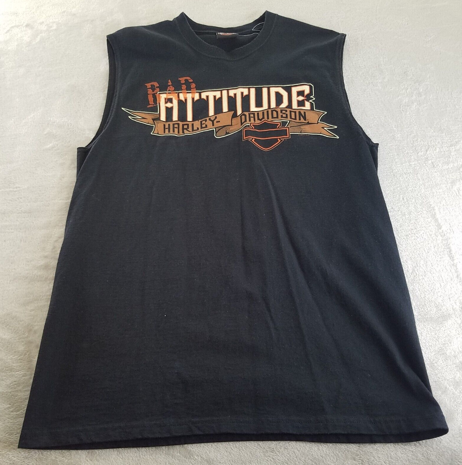 Mens Harley Sleeveless Graphic T Shirt Black Bad Attitude – See Measurements