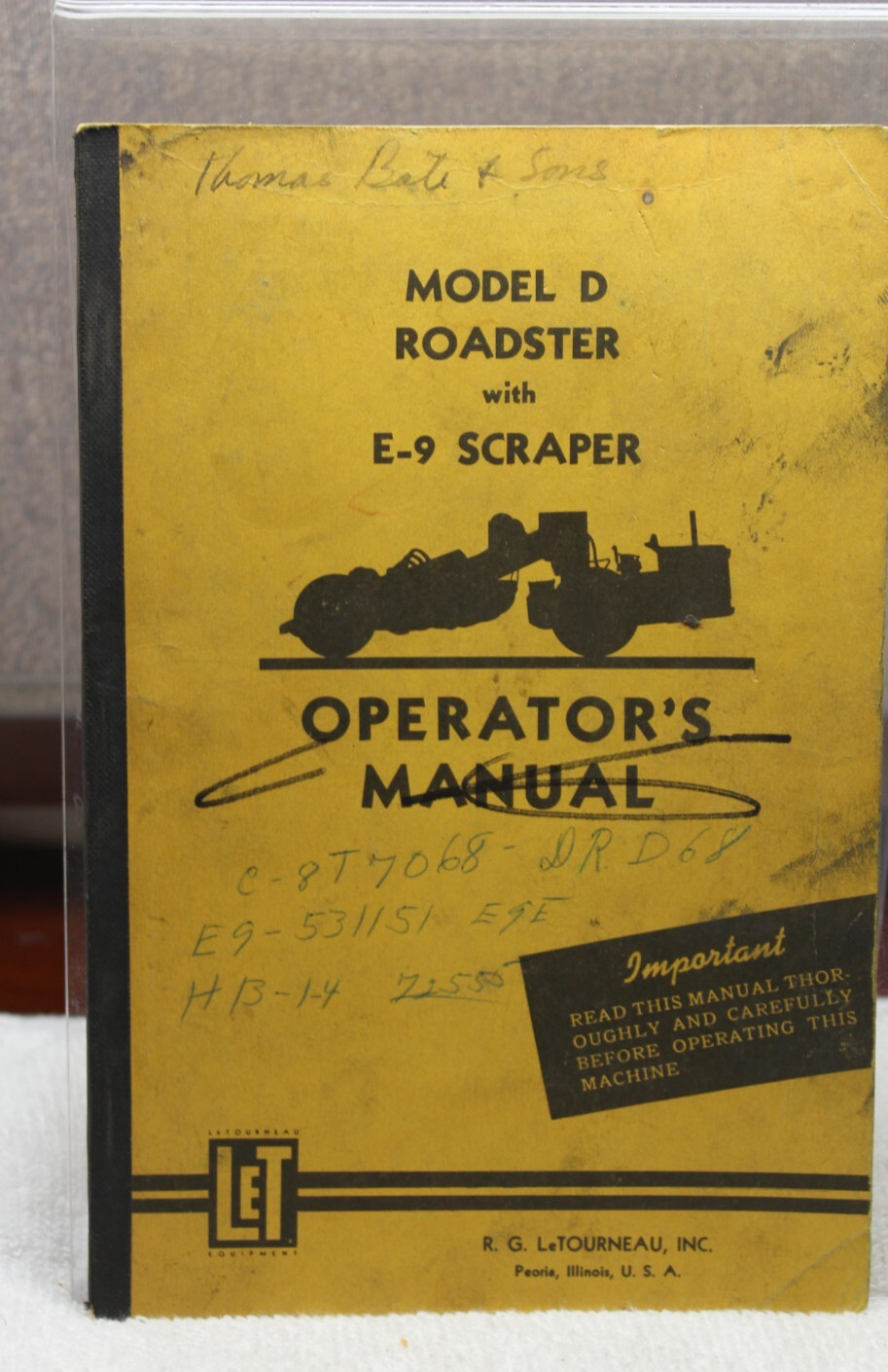 OEM Factory LeTourneau Model D Roadster with E-9 Scraper Operators Manual