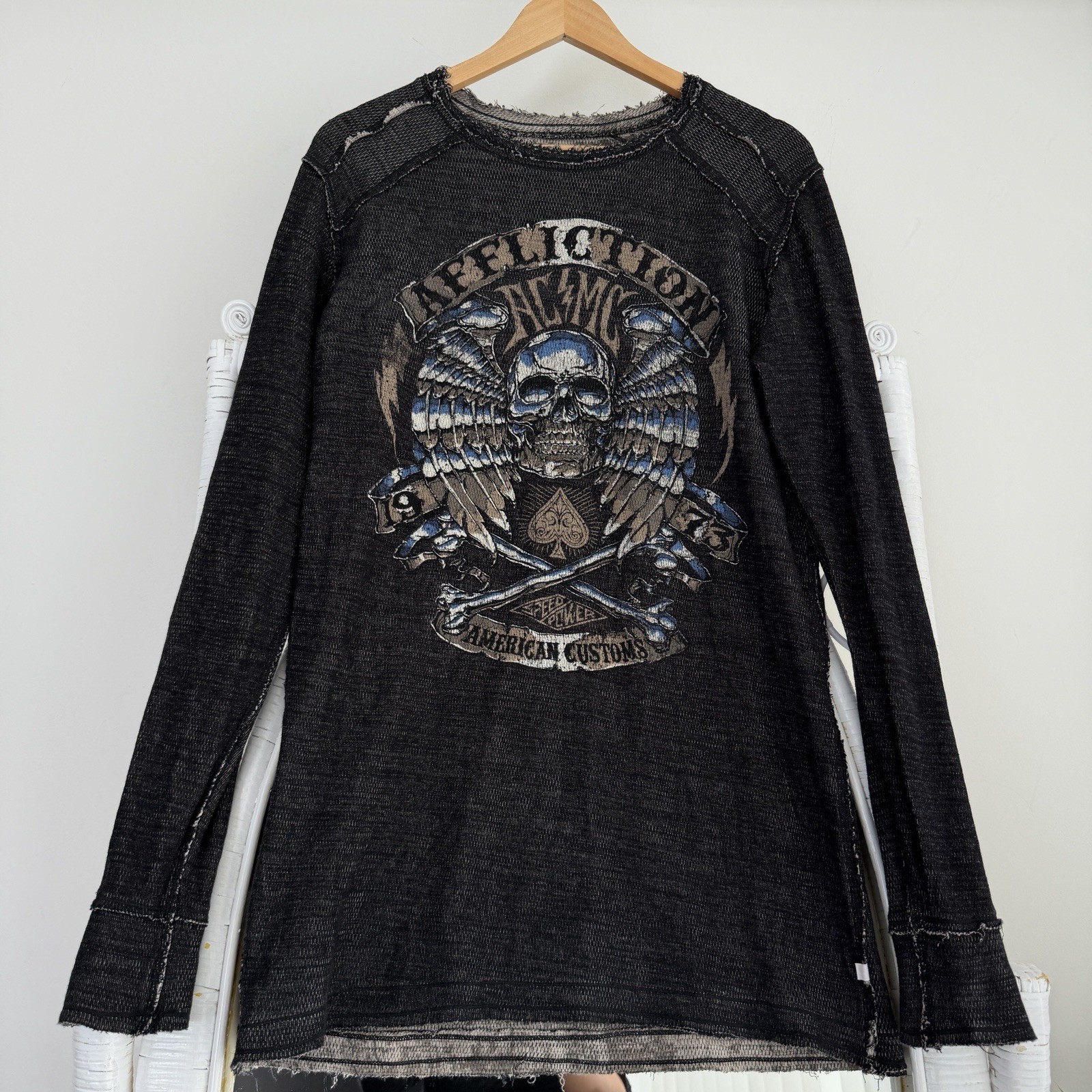 Affliction Reversible Thermal Shirt Mens Large Waffle Knit long Sleeve Y2K Wings gallery
