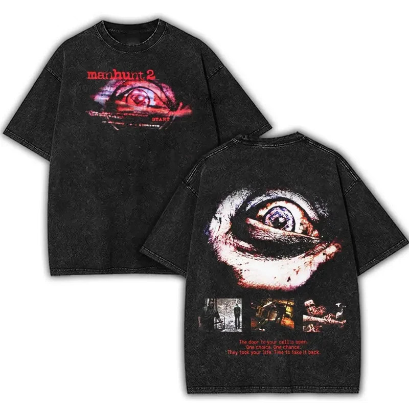MANHUNT 2 Double Printed Washed 2 Sided Printing T-Shirt RPG action Video anime