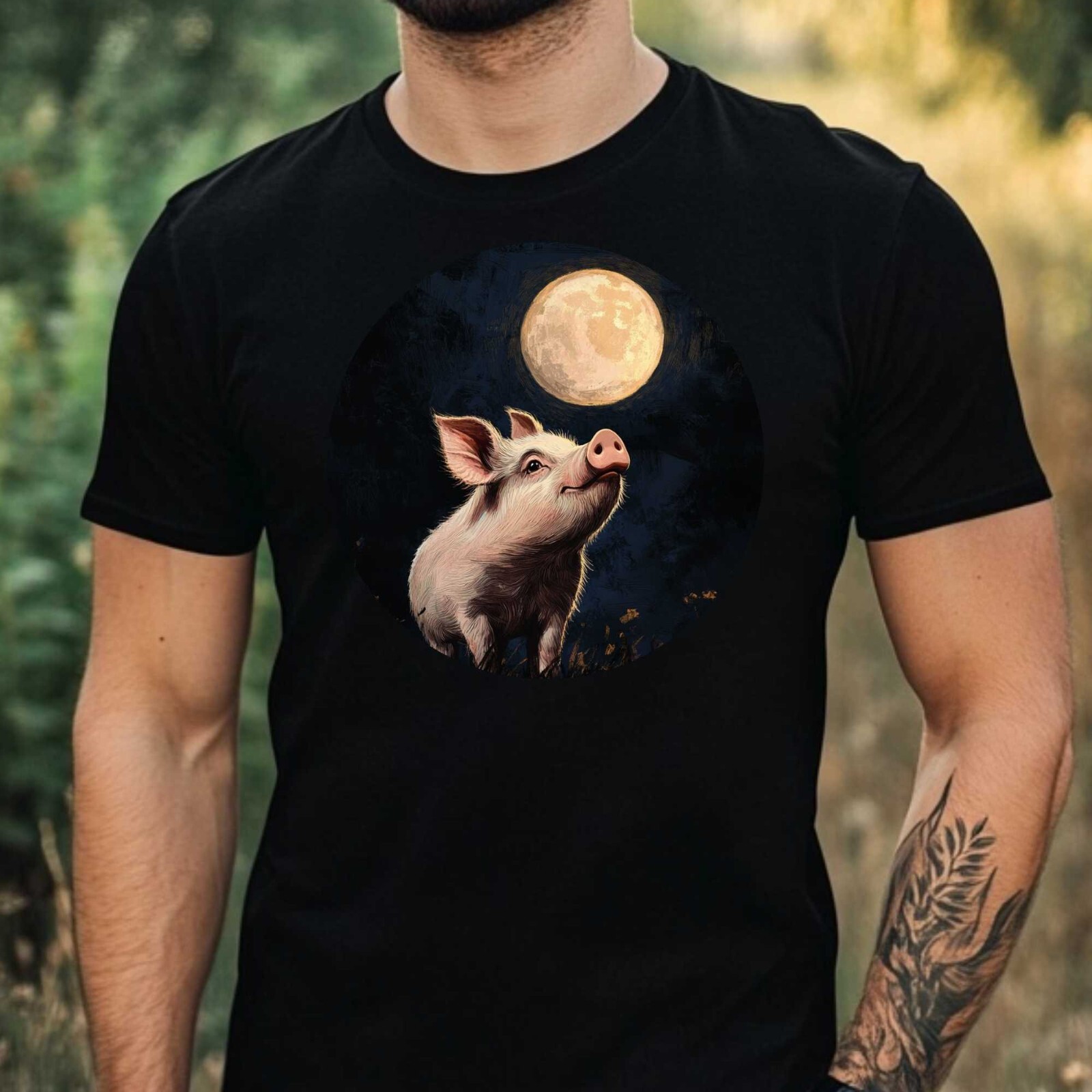 Mens Pig in the Moonlight Motif Cotton T-Shirt Size XS to 5XL
