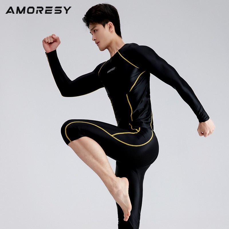 AMORESY Men Glossy Satin Oil Long-Sleeve Fitness T-Shirt Round Neck Running Tops gallery