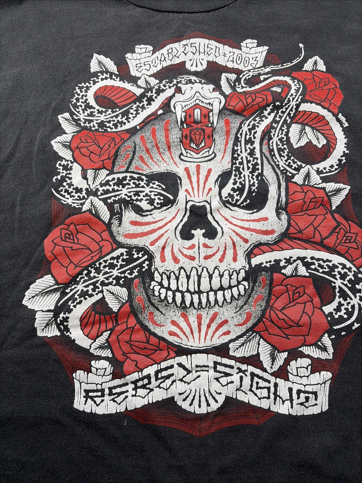 VINTAGE Rebel Eight Y2K Graphic Skull and Snake TShirt Size L Black Goth Grunge gallery