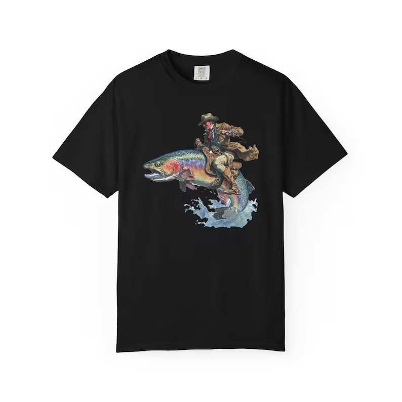 Cowboy Riding Rainbow Trout Fishing Comfort Tee gallery