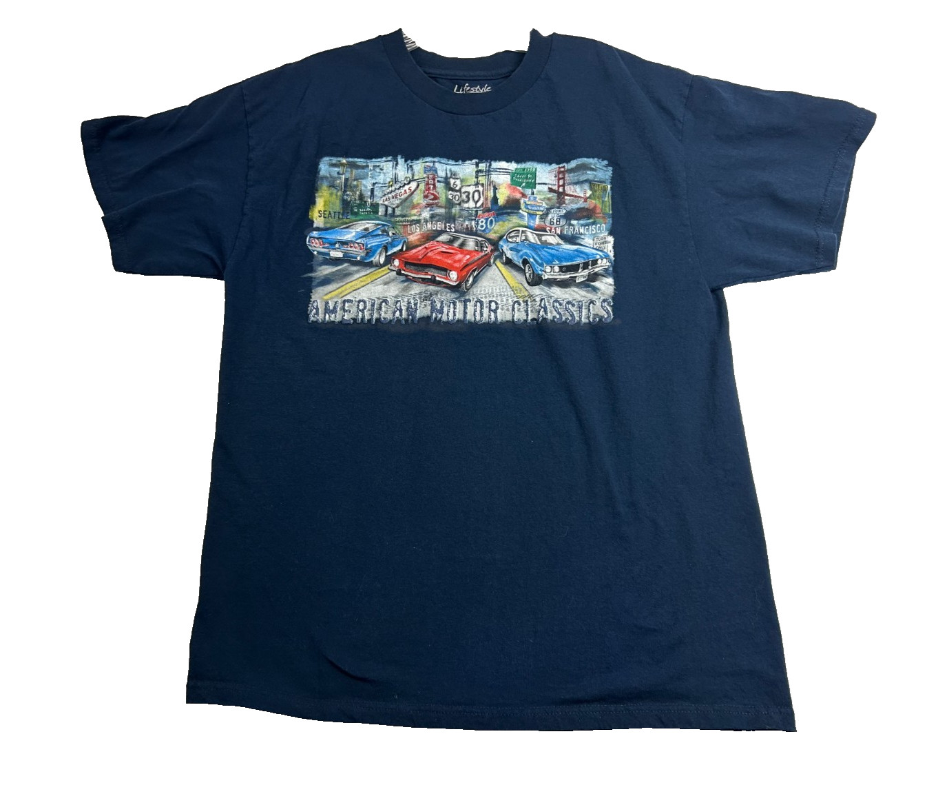 Lifestyle Classics T Shirt Mens L Retro American Motor Cars Graphic Navy