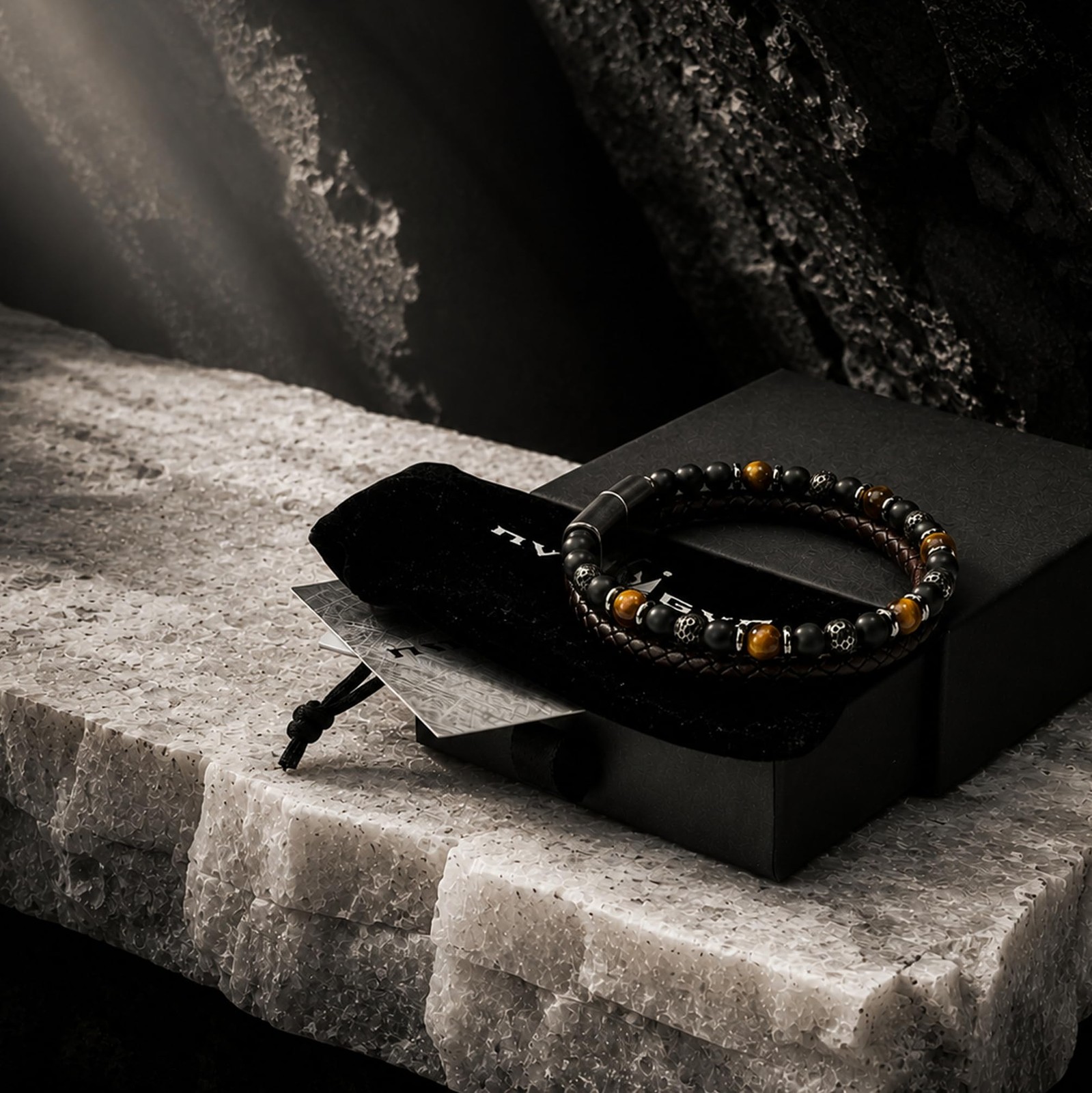 Men’s Leather Bracelet Stack with Textured Stainless Steel Beads, Hematite, B... gallery