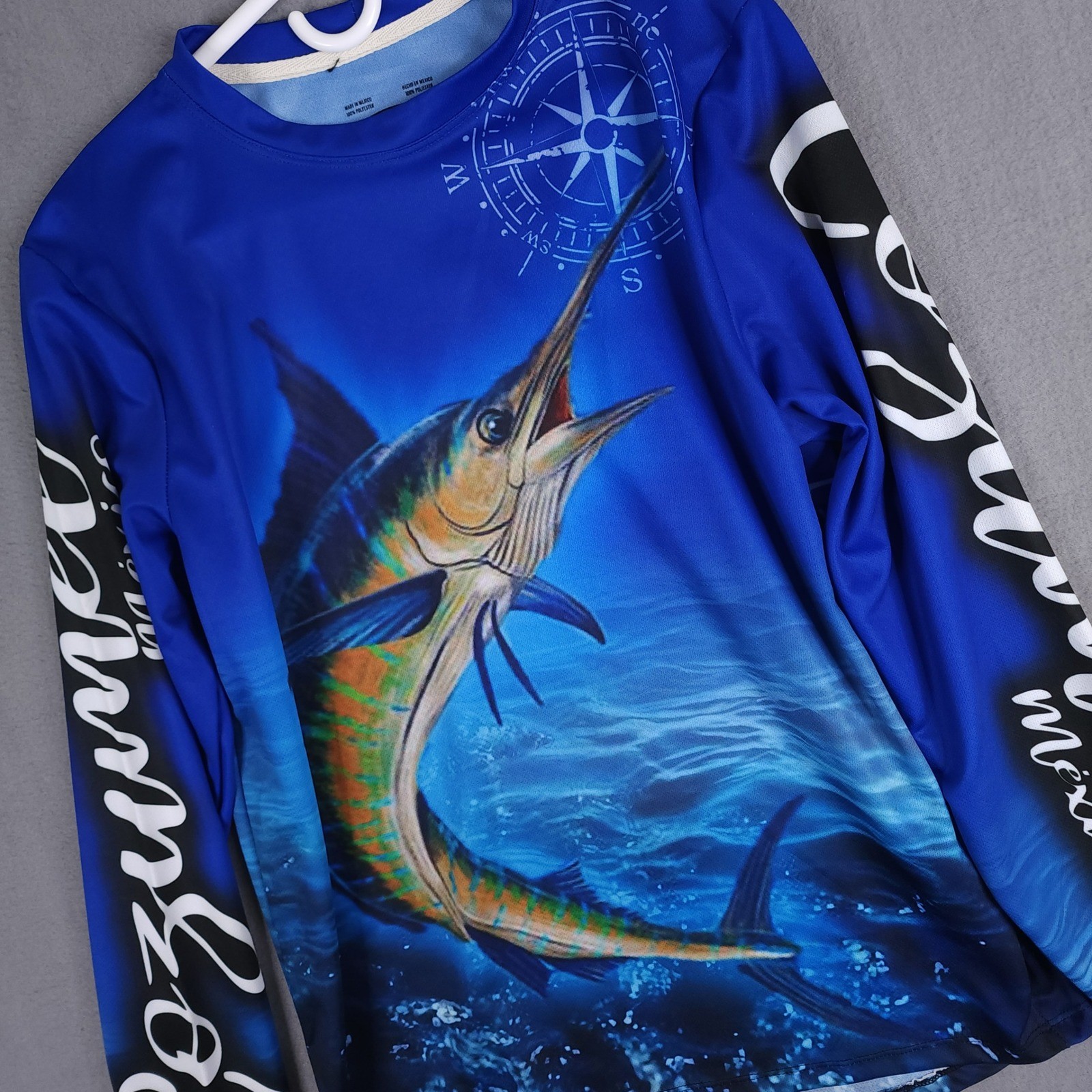 Cozumel Mexico Fishing Shirt Mens L Blue AOP Marlin Compass Graphic Performance gallery