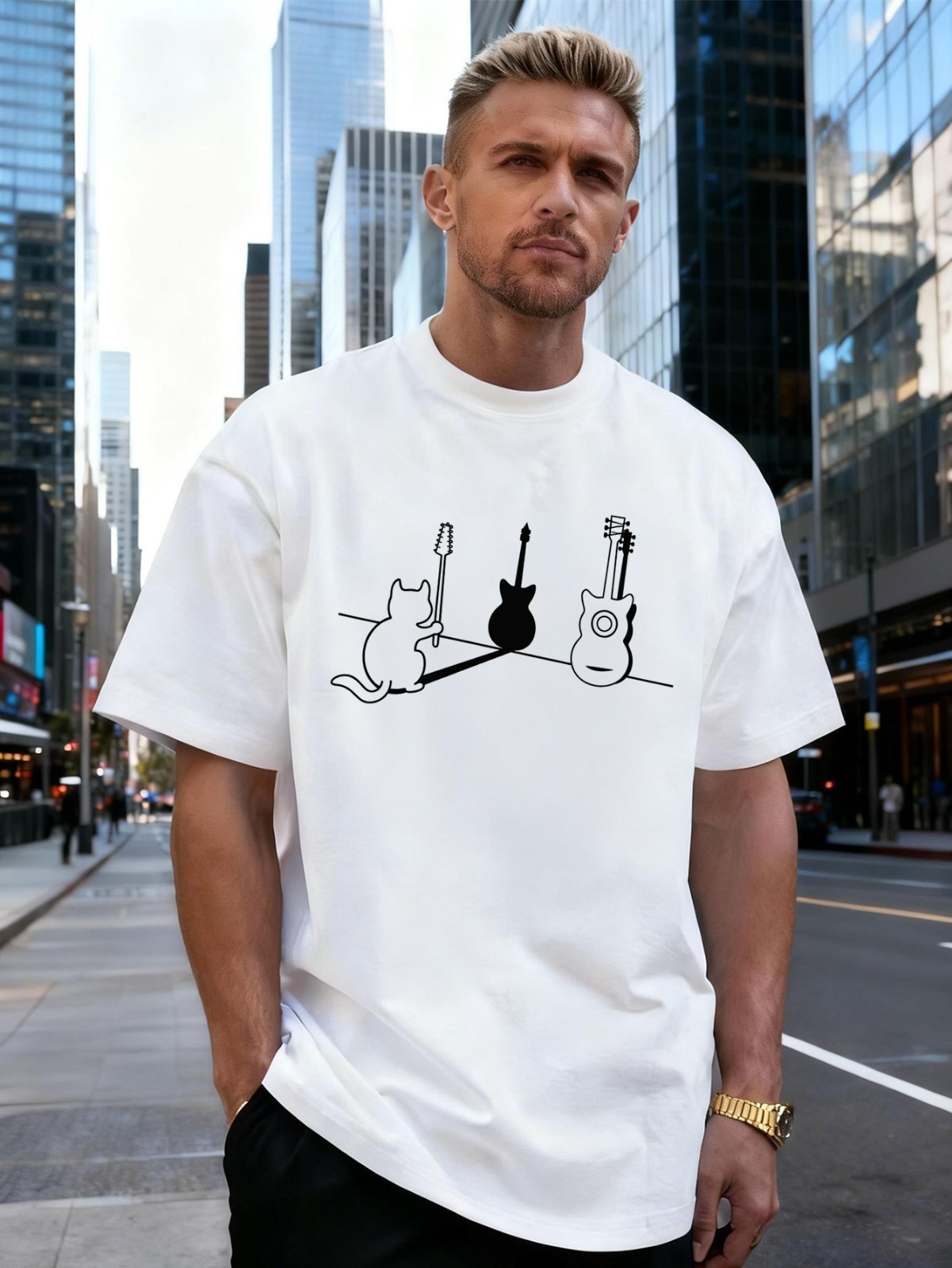 Cat and Guitar Shadow Graphic 100% Cotton Men’s T-Shirt for Daily Streetwear