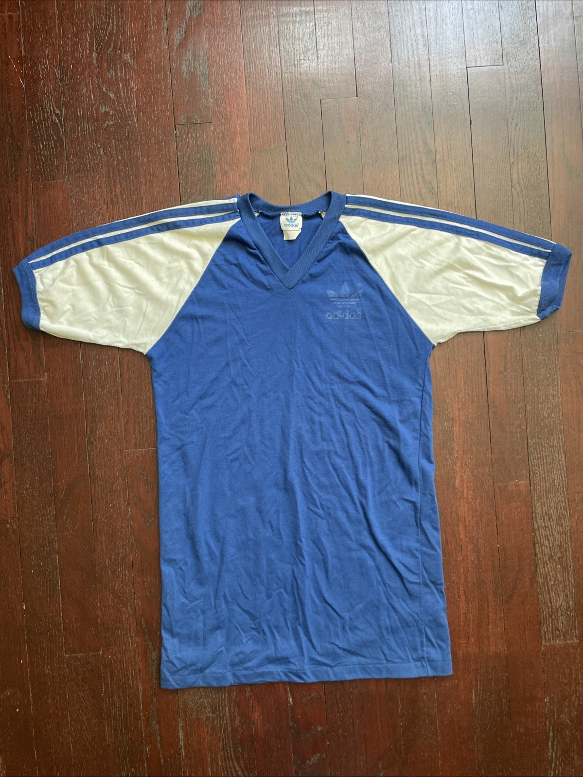 80s Vtg Adidas Trefoil USA MADE V-Neck LONG jersey Tee shirt blue white size M gallery