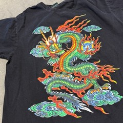90s Chinese Dragon Tee Black Cotton Fire Clouds Mythical Art Vintage T-Shirt L