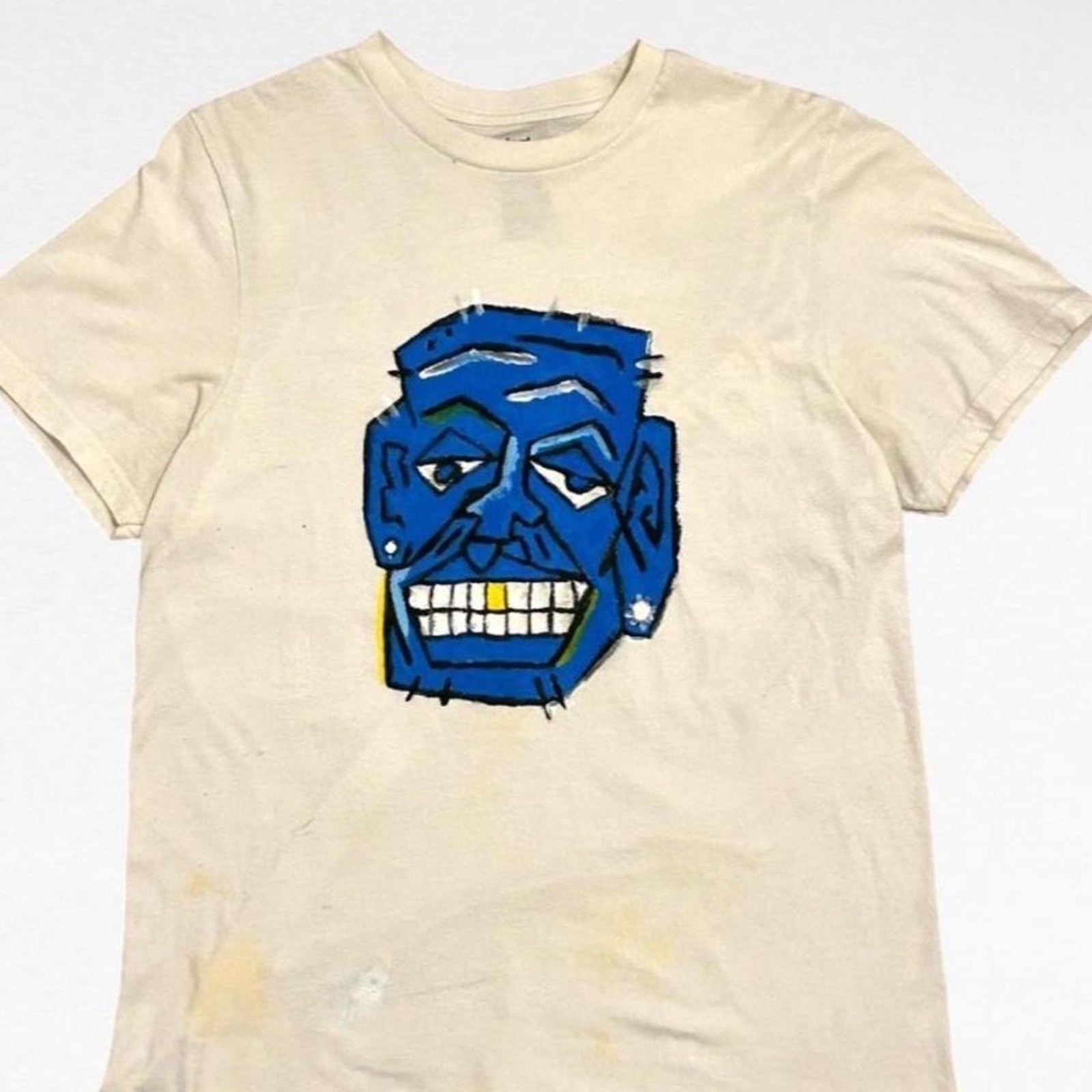 Custom Hand-Painted Abstract Blue Face Graphic Tee