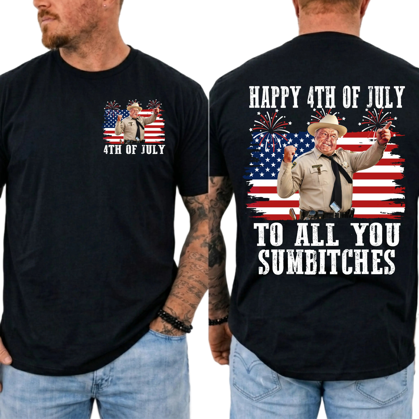 Smokey Bandit Happy 4th July Sumbitches Front Back Black 3XL T-Shirt Gildan