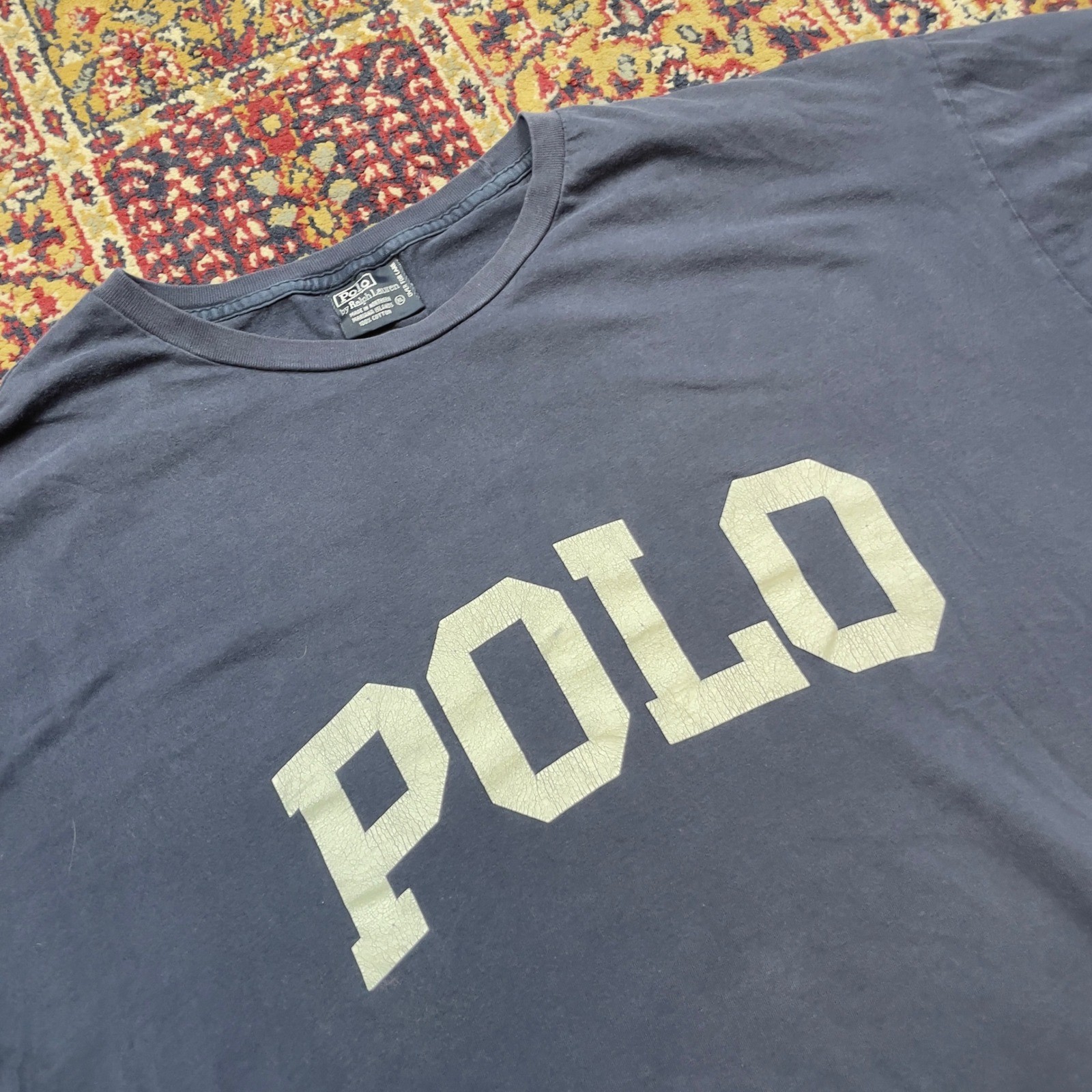 VTG 90s Polo Ralph Lauren XL Navy Blue Arch Text Spell Out T-Shirt Faded Stitch gallery