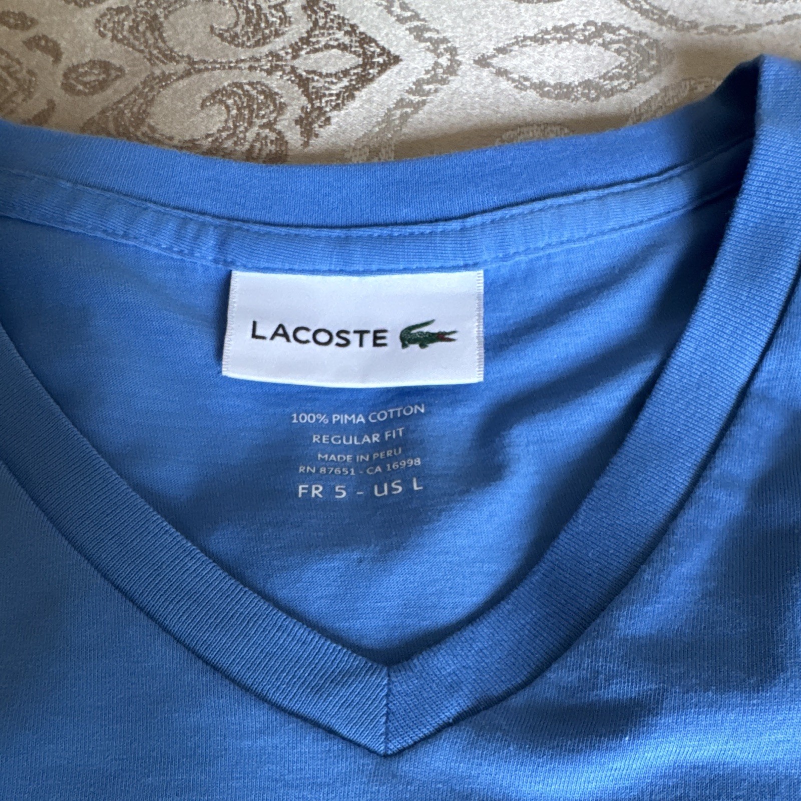 Lacoste Men's Blue V-Neck Short Sleeve Regular Fit Logo Pima Cotton Tee L gallery