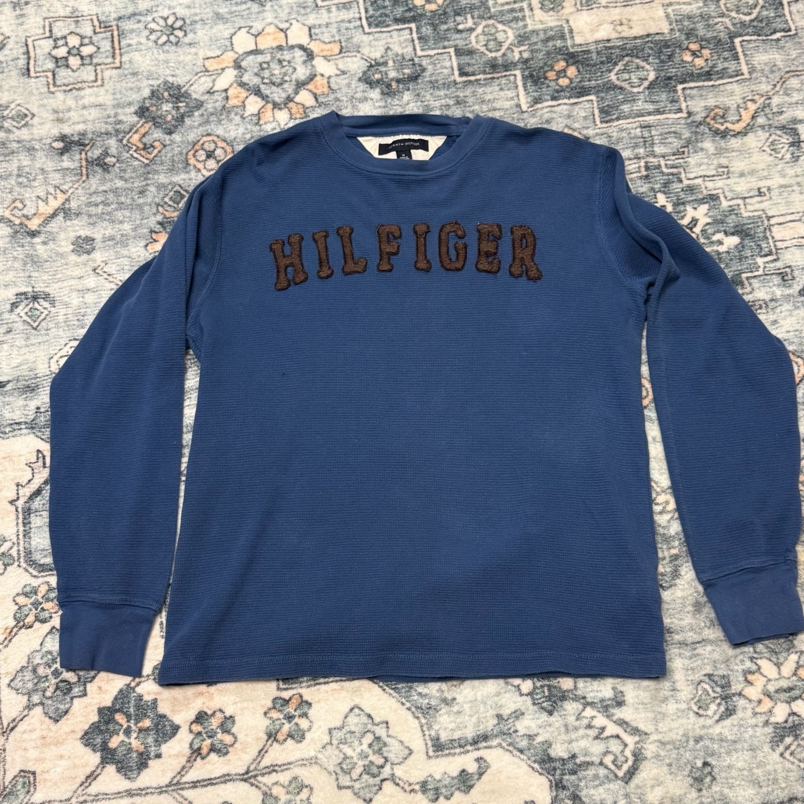 Tommy Hilfiger Vintage Style Blue Waffle Knit Long Sleeve Shirt with Brown Spell gallery