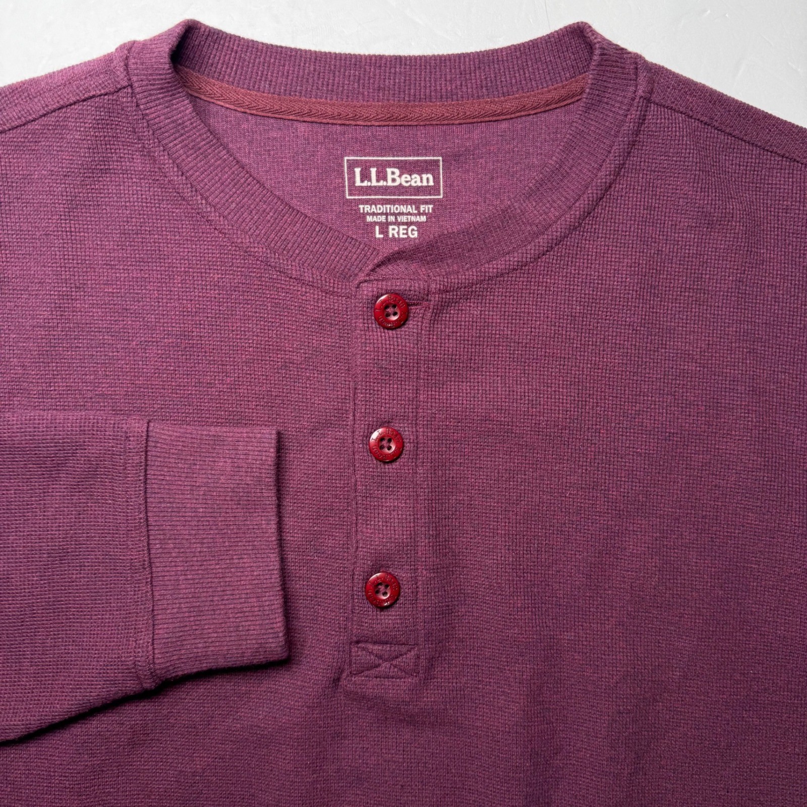LL Bean Henley Mens L Burgundy Waffle Knit Long Sleeve Cotton Shirt 502224 gallery