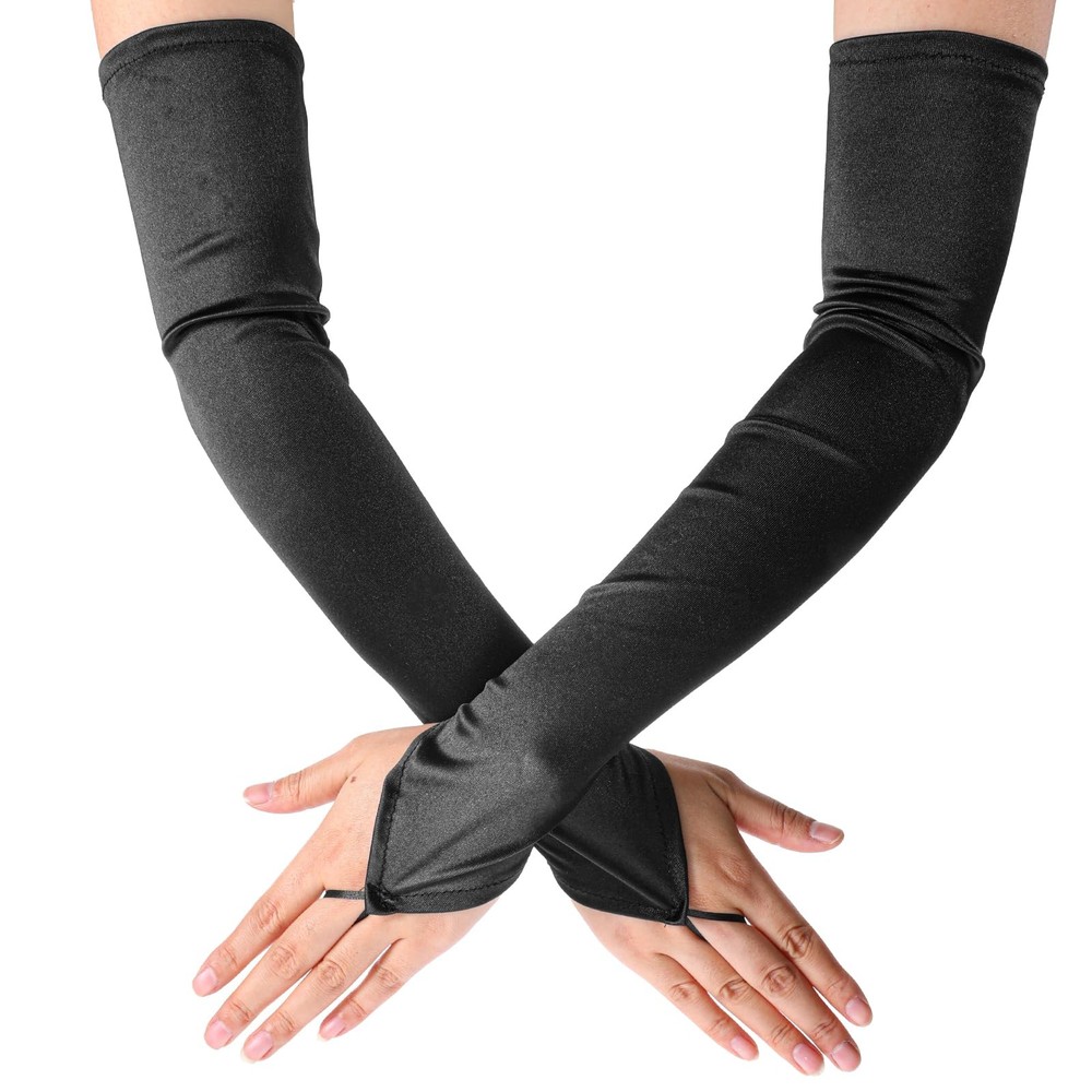 Black Long Fingerless Satin Opera Gloves Women, 1920s Elbow Length Costume Dr…