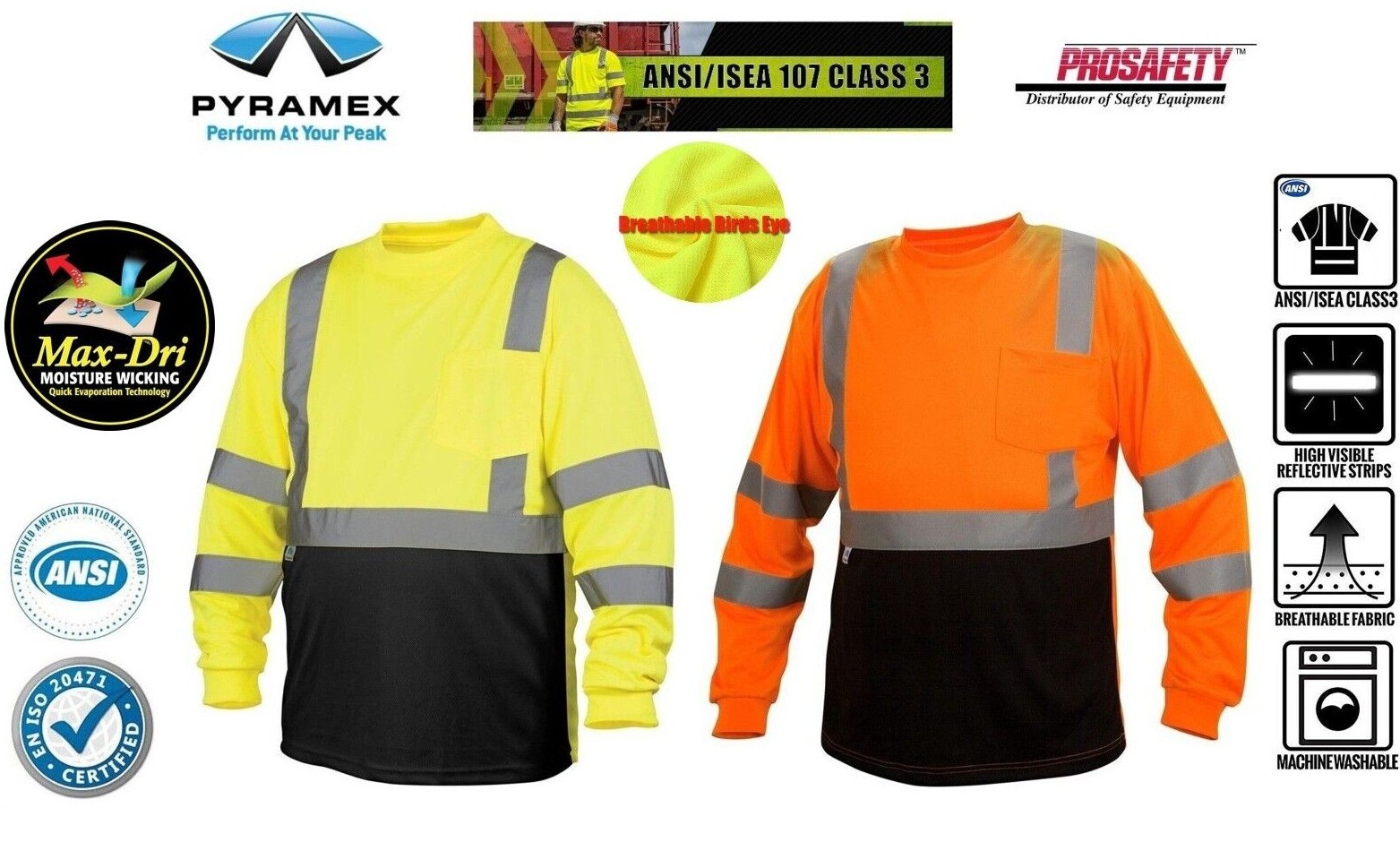 HI VIS ANSI CLASS 3 REFLECTIVE LONG SLEEVE ROAD WORK VISIBILITY SAFETY T SHIRT