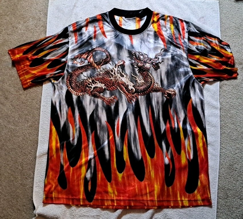 Vintage Y2K Dragon in Flames No Boundaries Sheer Tee Shirt Size XL Silver Red