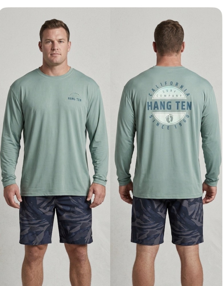 Hang Ten Men’s Long-Sleeve Sun Tee Crew Neck Shirt Seafoam Green 3X UPF 50+