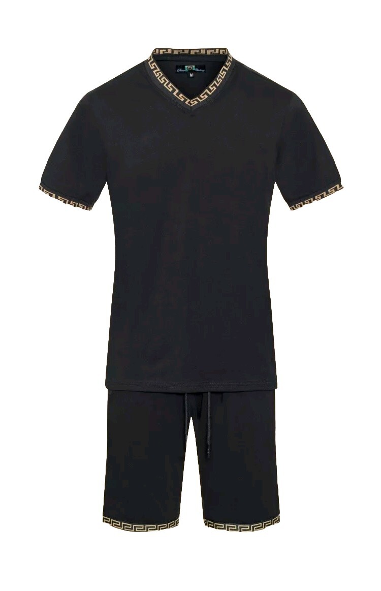 Men's Italian fashion Black Short Sleeves T-shirt/short Set Greek Key V neck gallery
