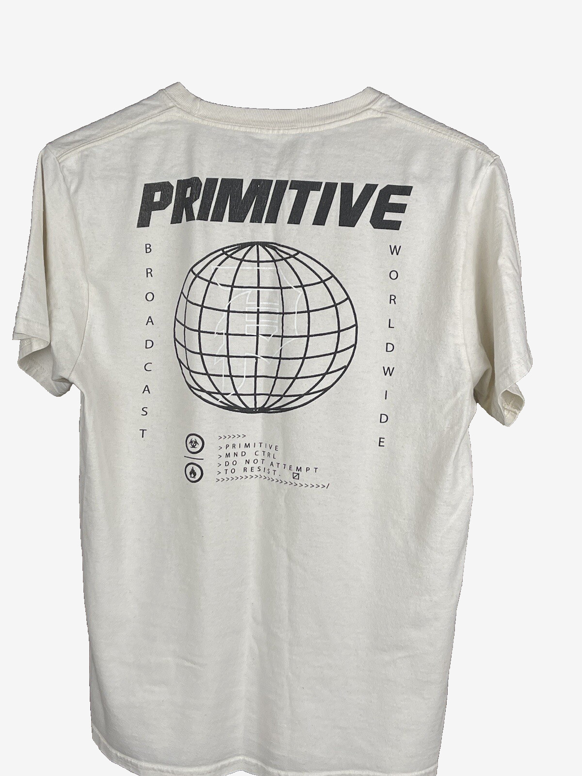 PRIMITIVE Skateboarding Graphic T-Shirt Ivory Mens S Short Sleeve Crew Neck
