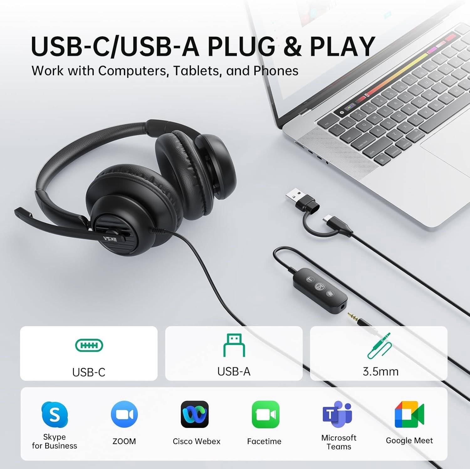 EKSA H8 USB Headset with Microphone for Work, Stereo Wired Computer Headphone…