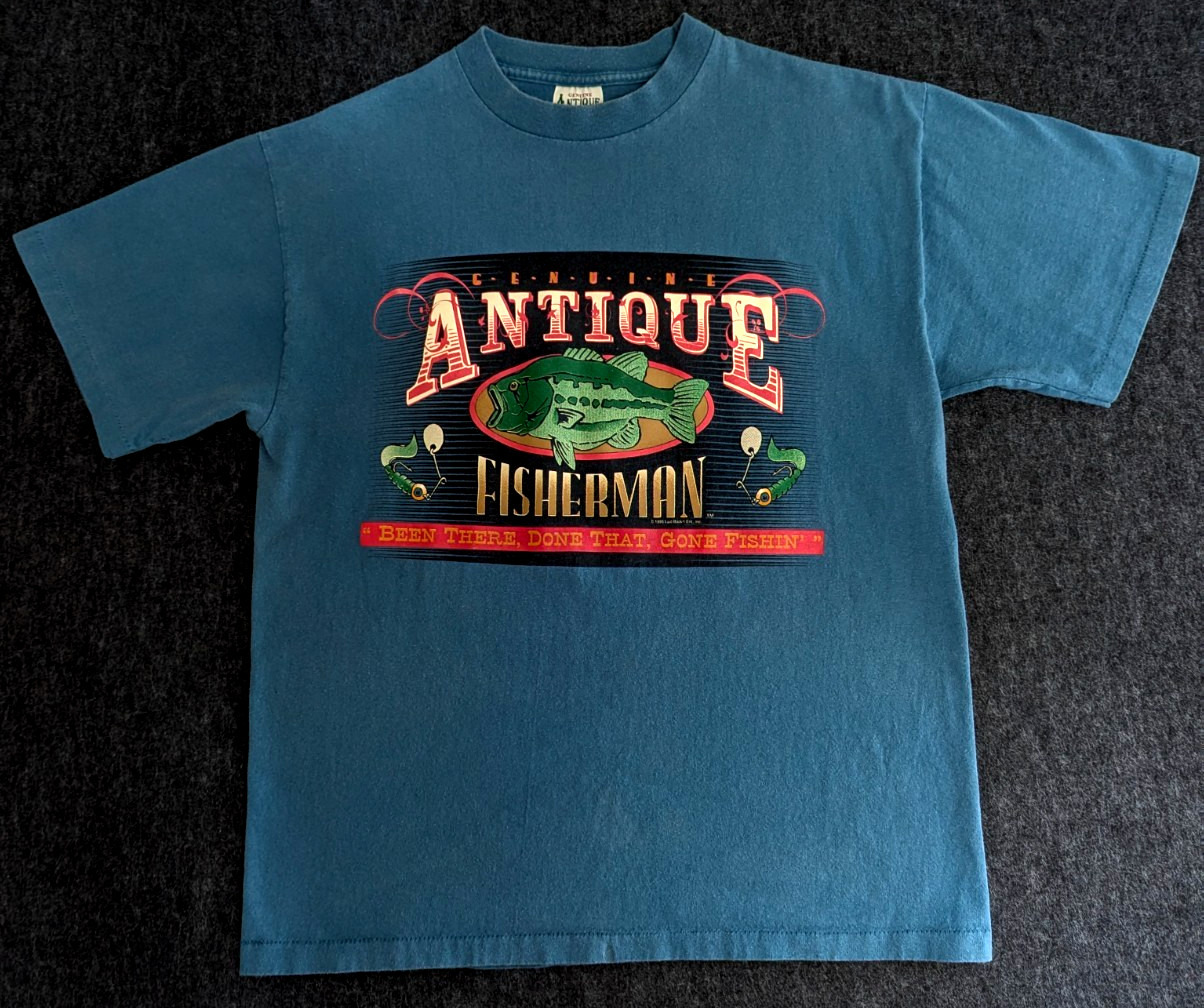 Vintage Antique Fisherman Shirt Sz Large Blue Single Stitch Laid Back Humor 90s gallery