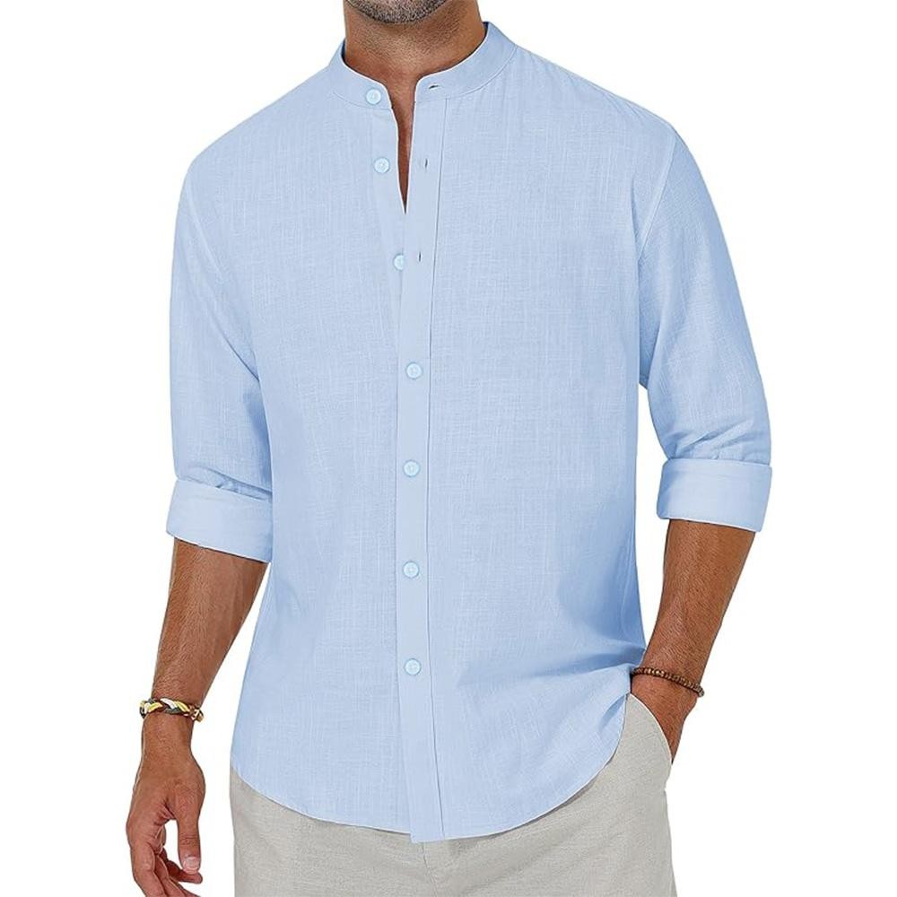 Linen Shirt Men's Stand Collar Long Sleeve Chinese-style Cotton Loose Casual Top gallery