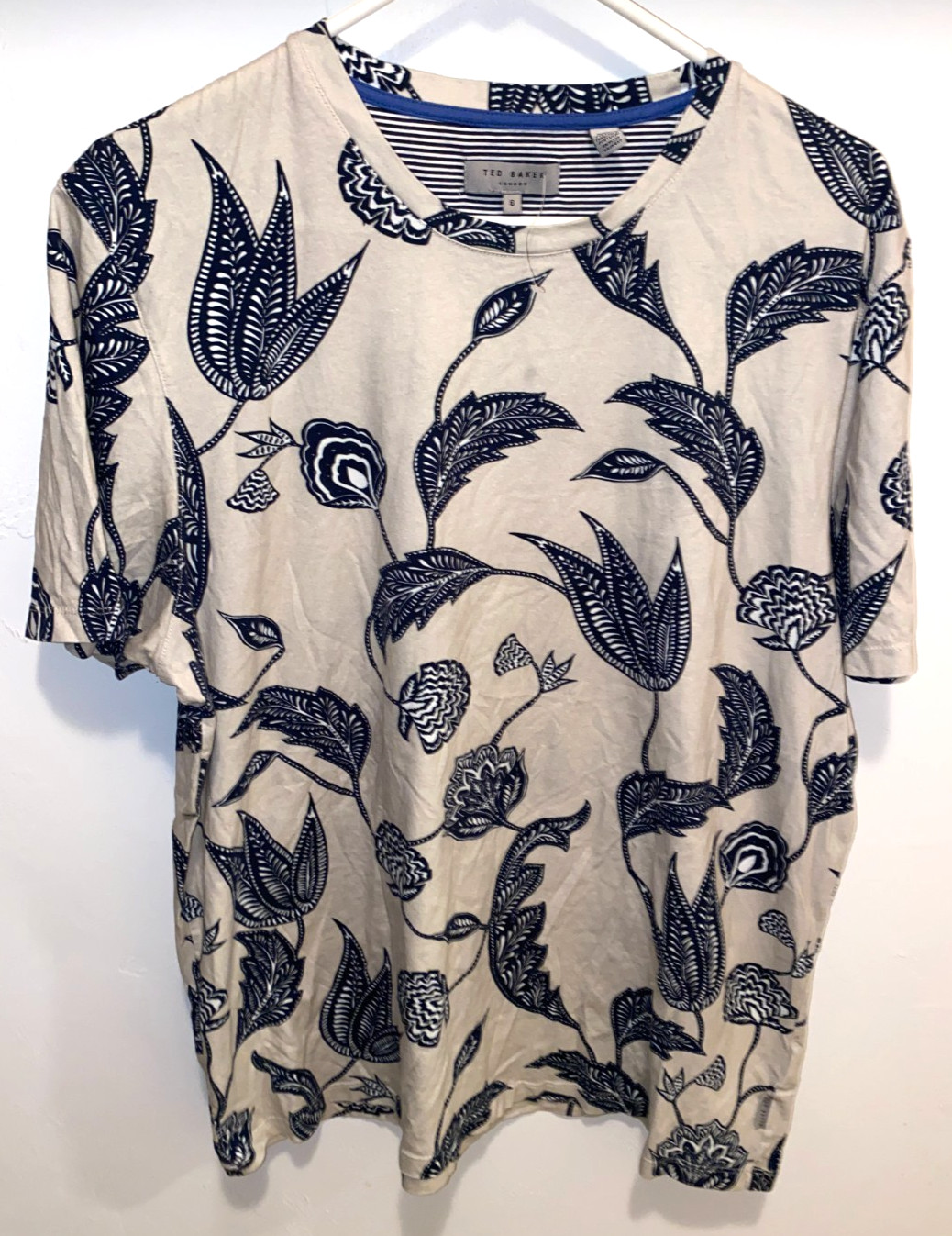 Ted Baker London Shirt Mens 6 Short Sleeve Floral Print Crew Neck Cotton Blue XL