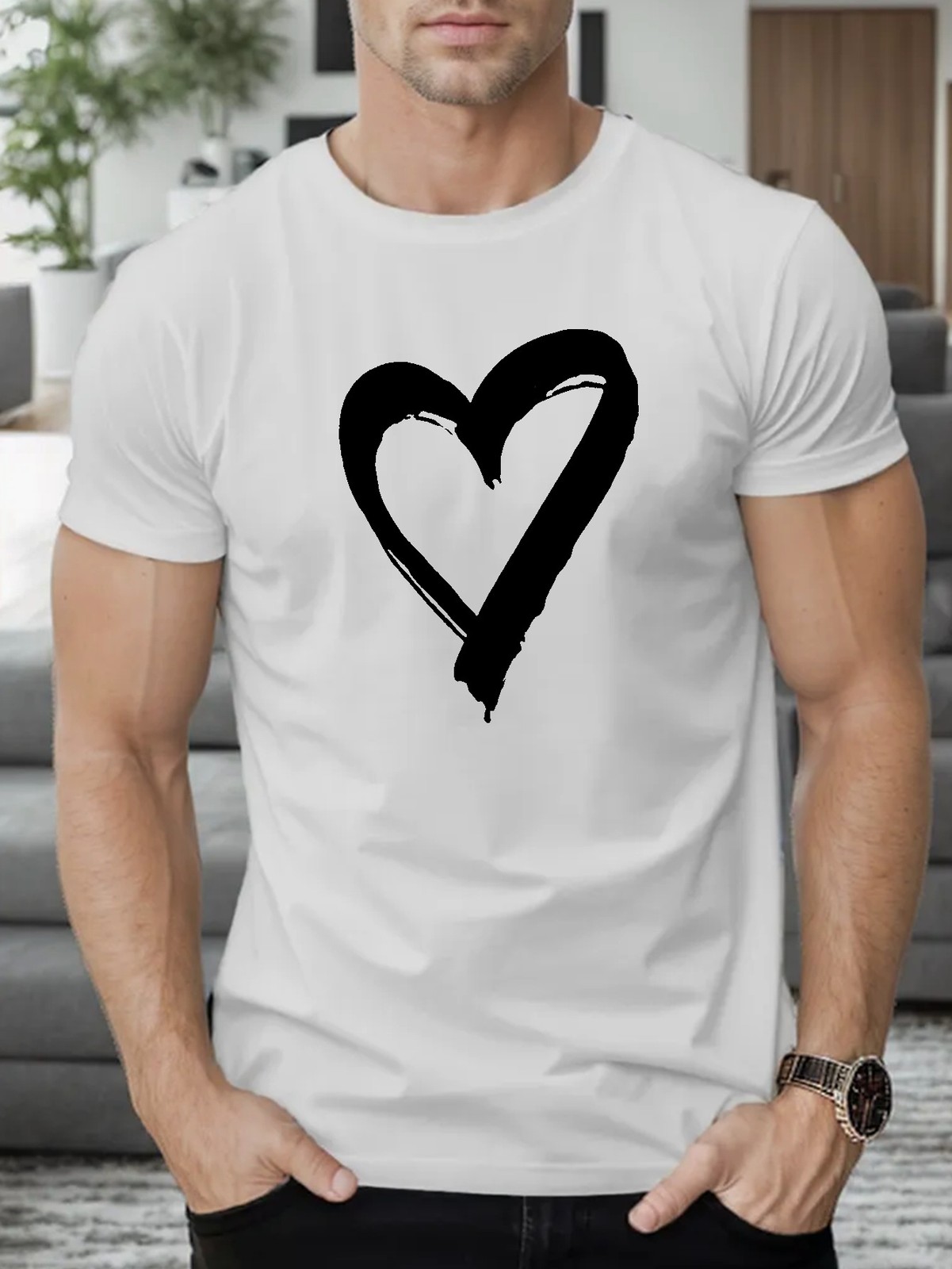 Heart Print T Shirt Tees Men Casual Short Sleeve T-shirt Summer Blouse Tops ♮ gallery