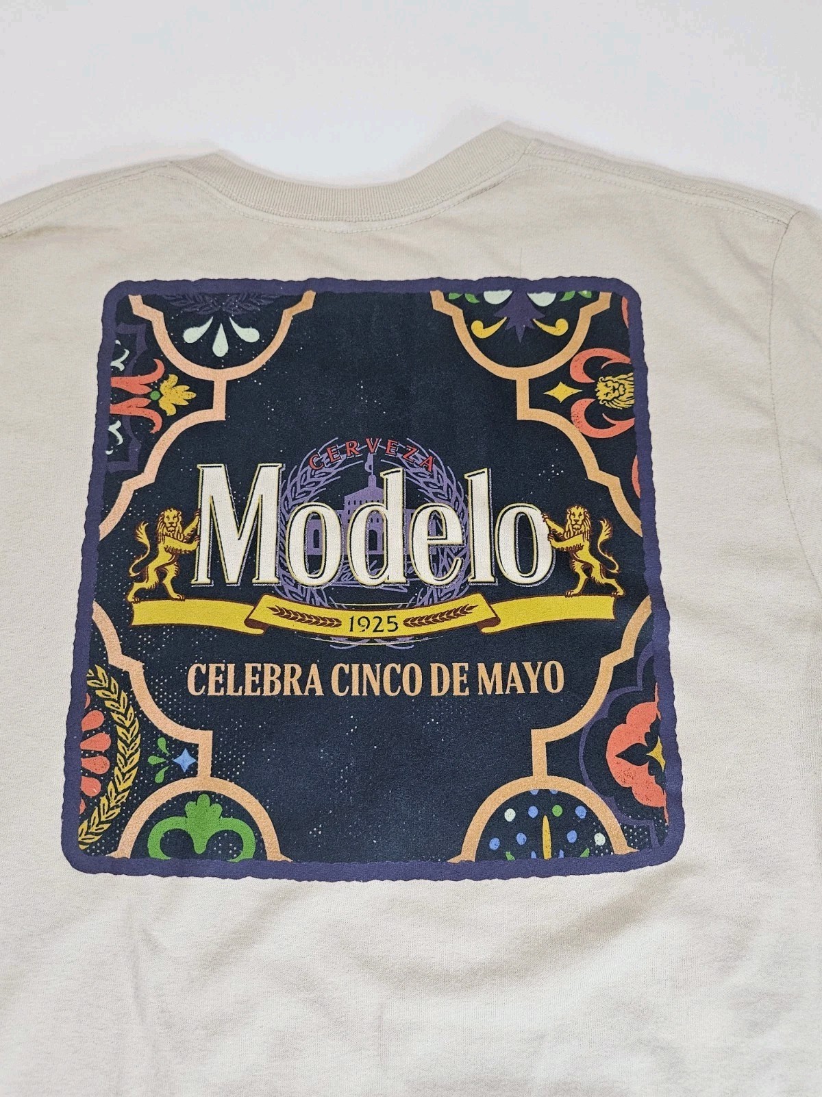 Modelo T-shirt Mens Medium Beige Gold Aztec Graphic Casual Mexican Beer Tee gallery